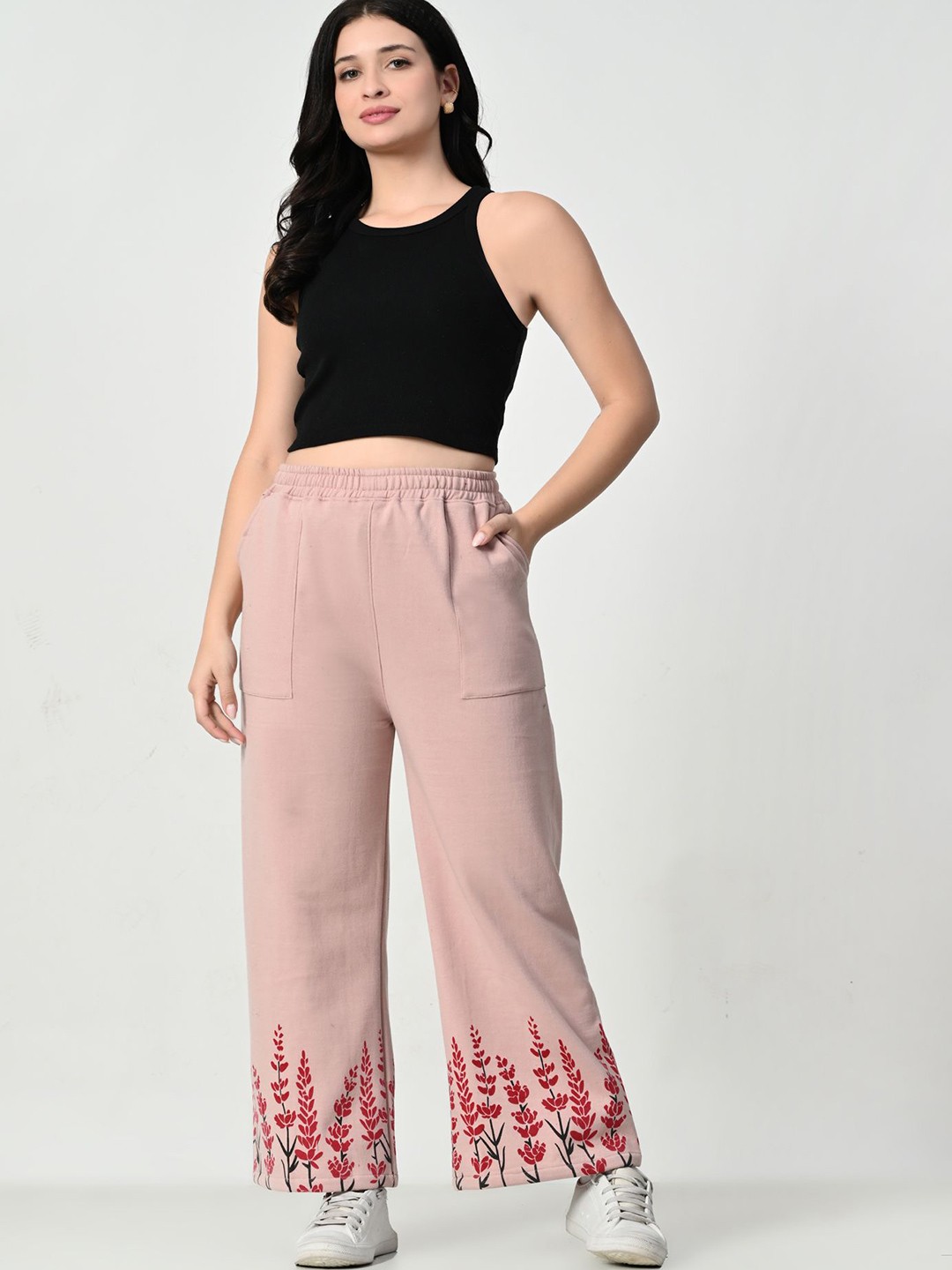 

BAESD Women Floral Printed Flared Knitted Palazzos, Peach