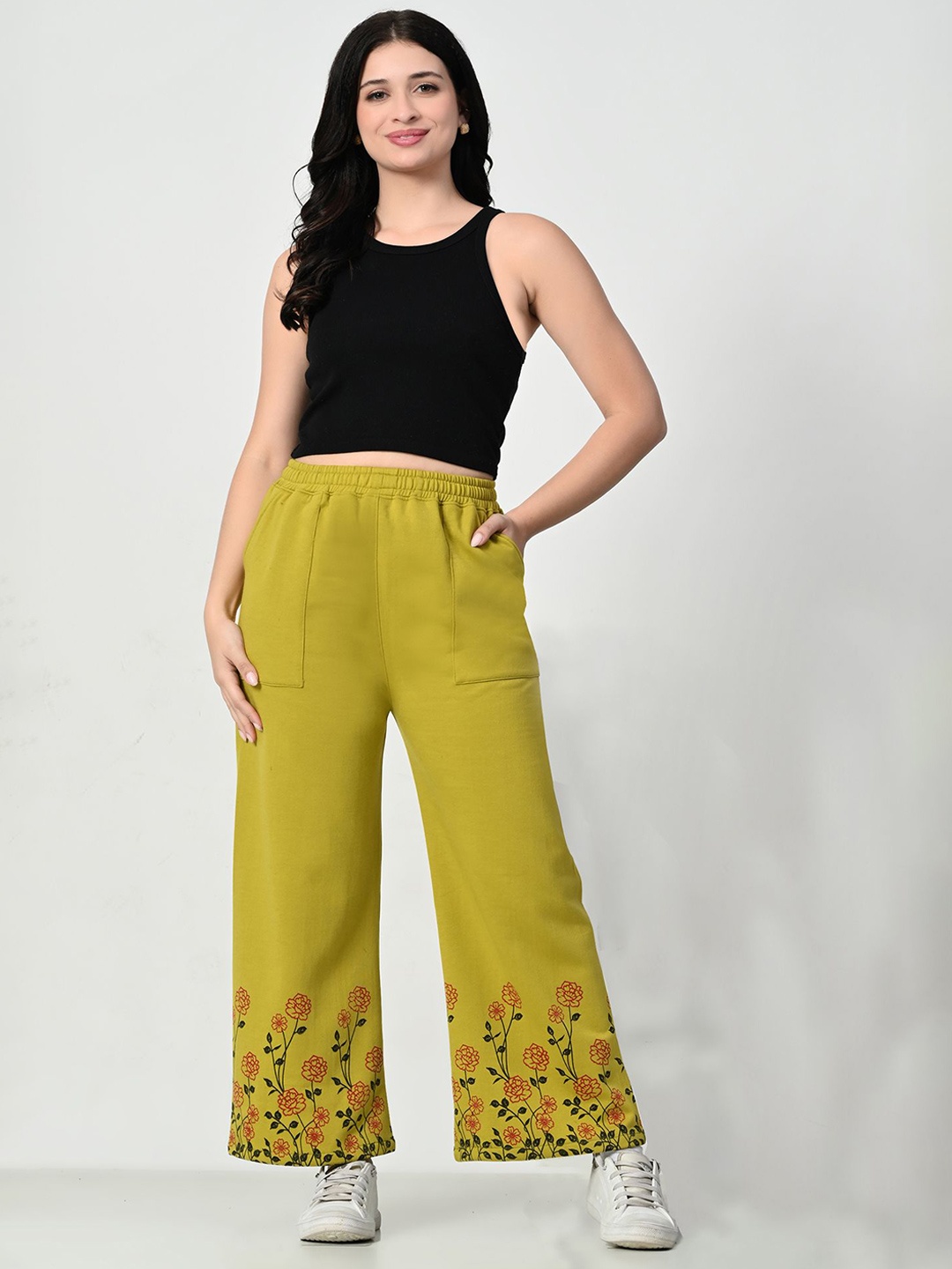 

BAESD Women Floral Printed Flared Knitted Palazzos, Olive