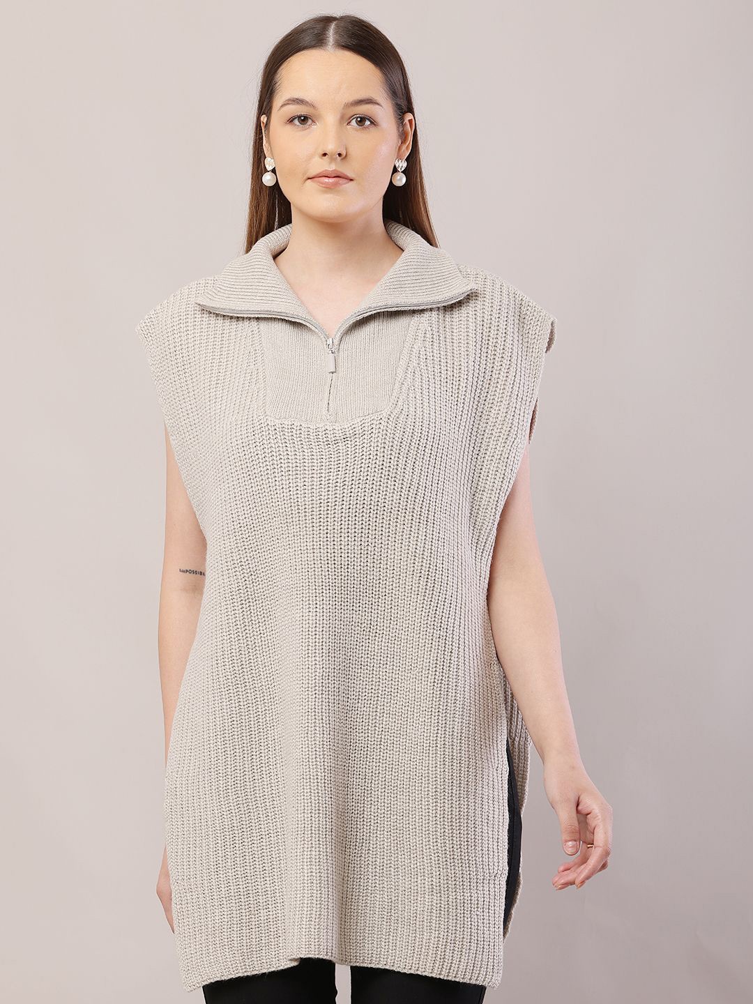 

NoBarr Women Shirt Collar Ribbed Pullover Sweaters, Grey