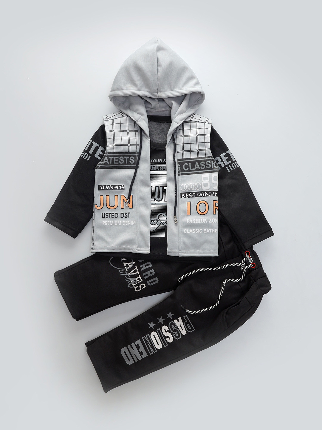 

Usman Harooni Collection Boys Typography Printed Hooded T-shirt With Shirt & Trousers, Grey