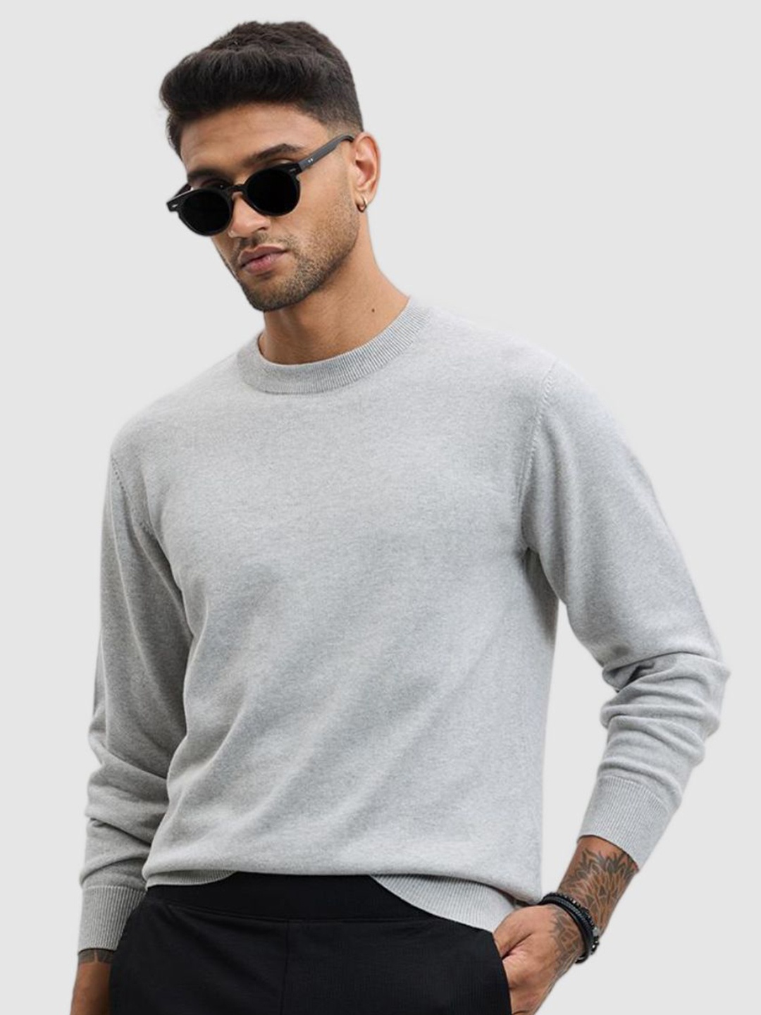 

Snitch Grey Round Neck Cotton Casual Pullover Sweaters