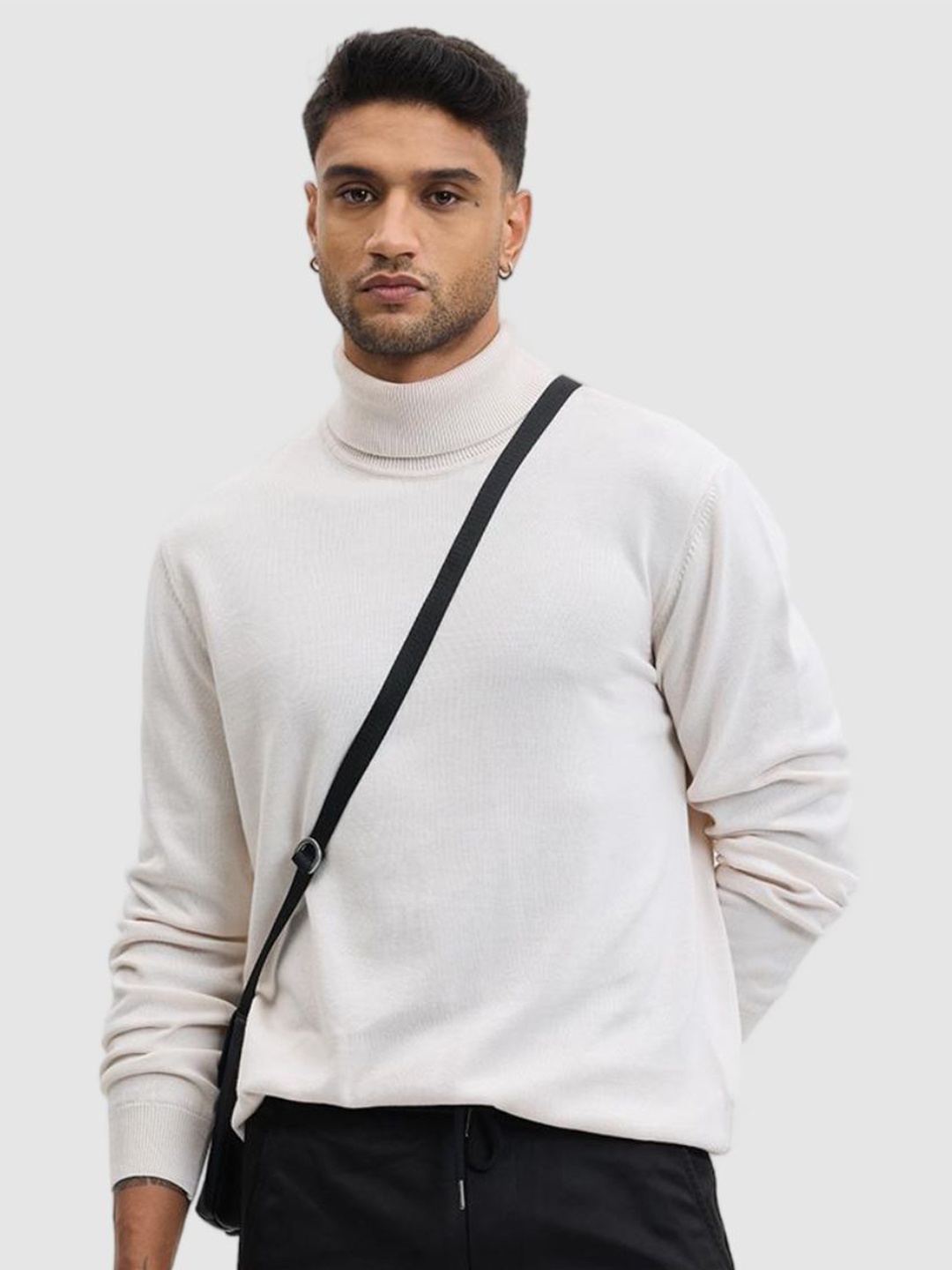 

Snitch Cream-Coloured Turtle Neck Cotton Casual Pullover Sweaters