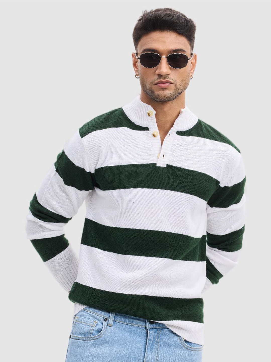 

Snitch Striped Printed Mock Collar Cotton Casual Pullover Sweaters, Green