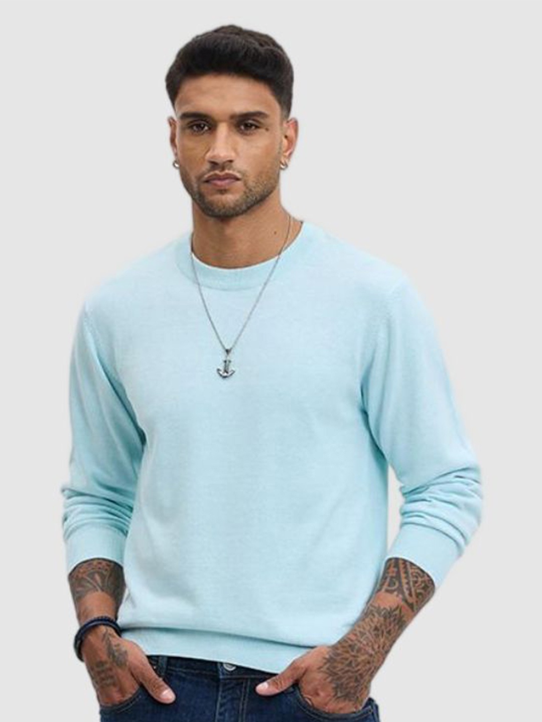 

Snitch Blue Round Neck Cotton Casual Pullover Sweaters
