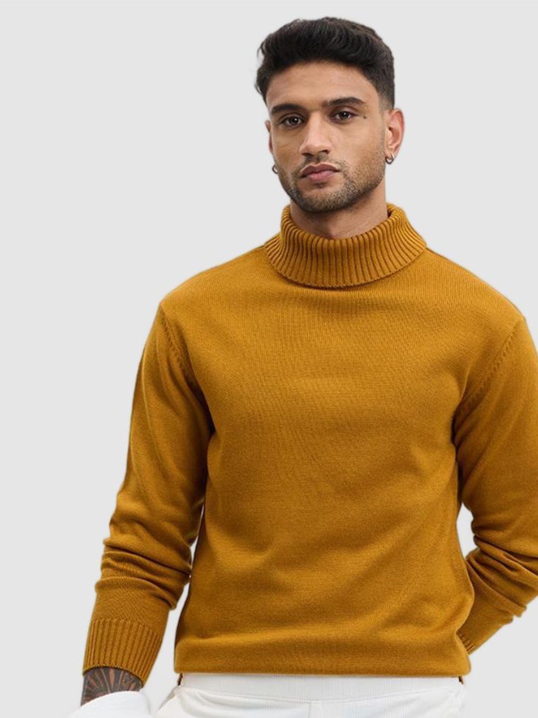 

Snitch Mustard Yellow Turtle Neck Cotton Casual Pullover Sweaters