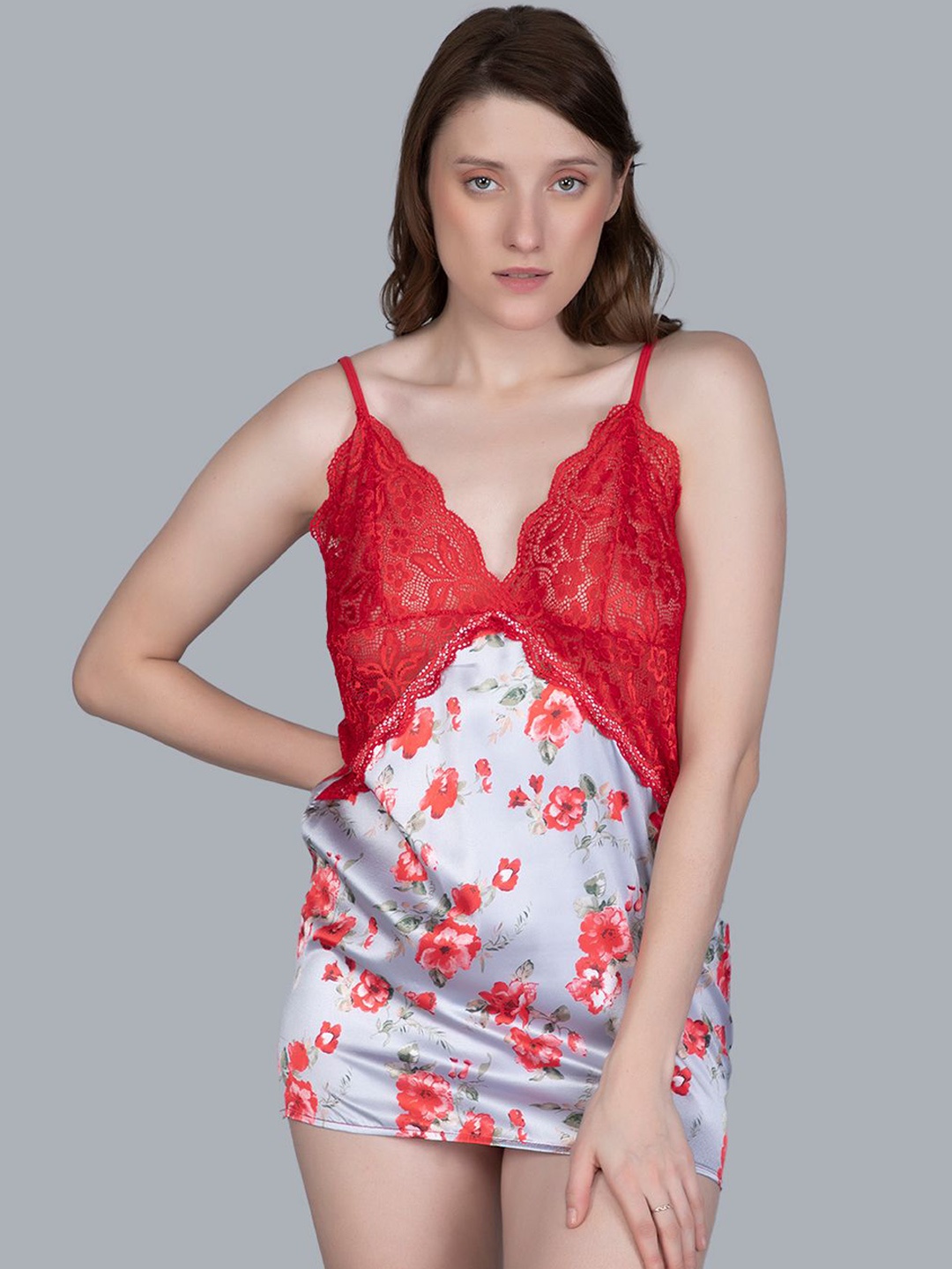 

Herryqeal Floral Printed Satin Baby Doll, Red