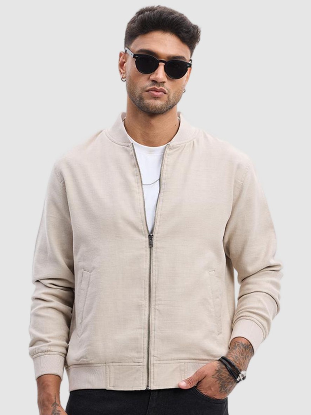 

Snitch Mock Collar Pure Cotton Bomber Jacket, Beige