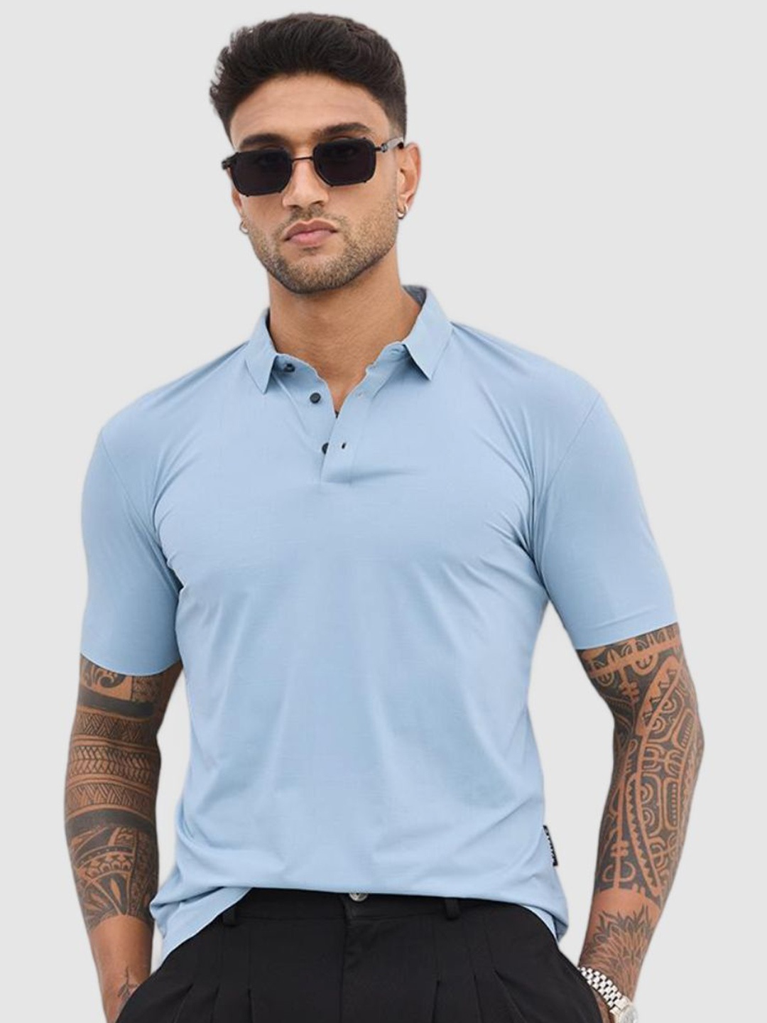 

Snitch Blue Self Design Polo Collar Slim Fit Casual T-shirt