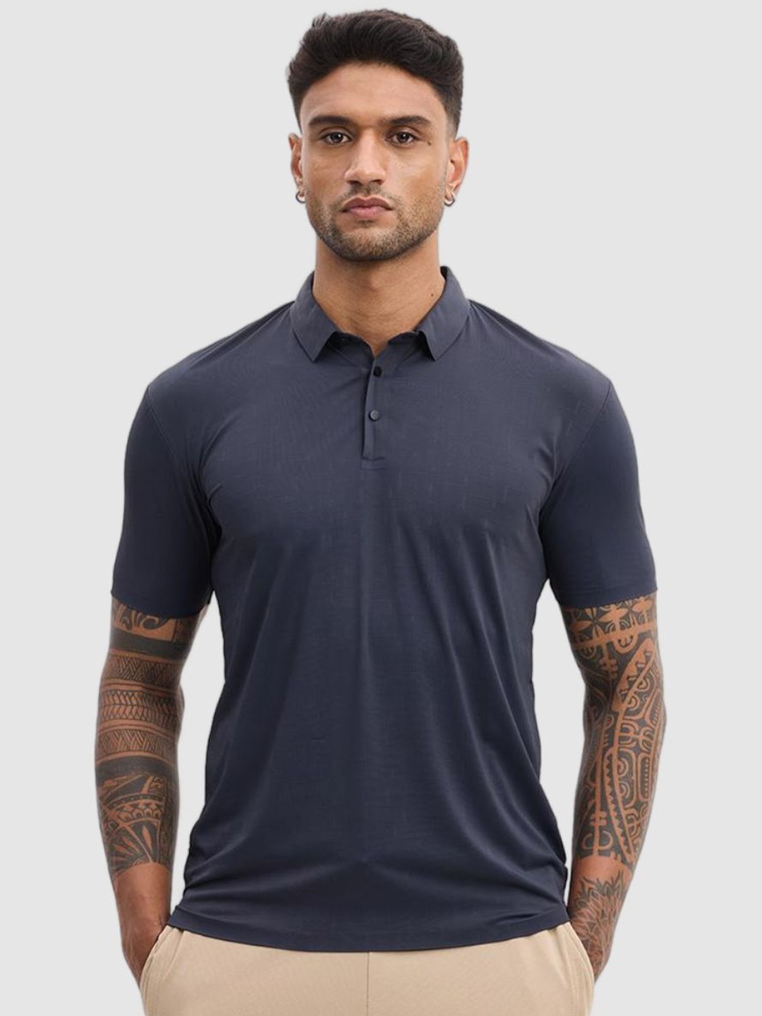 

Snitch Grey Self Design Polo Collar Slim Fit Casual T-shirt