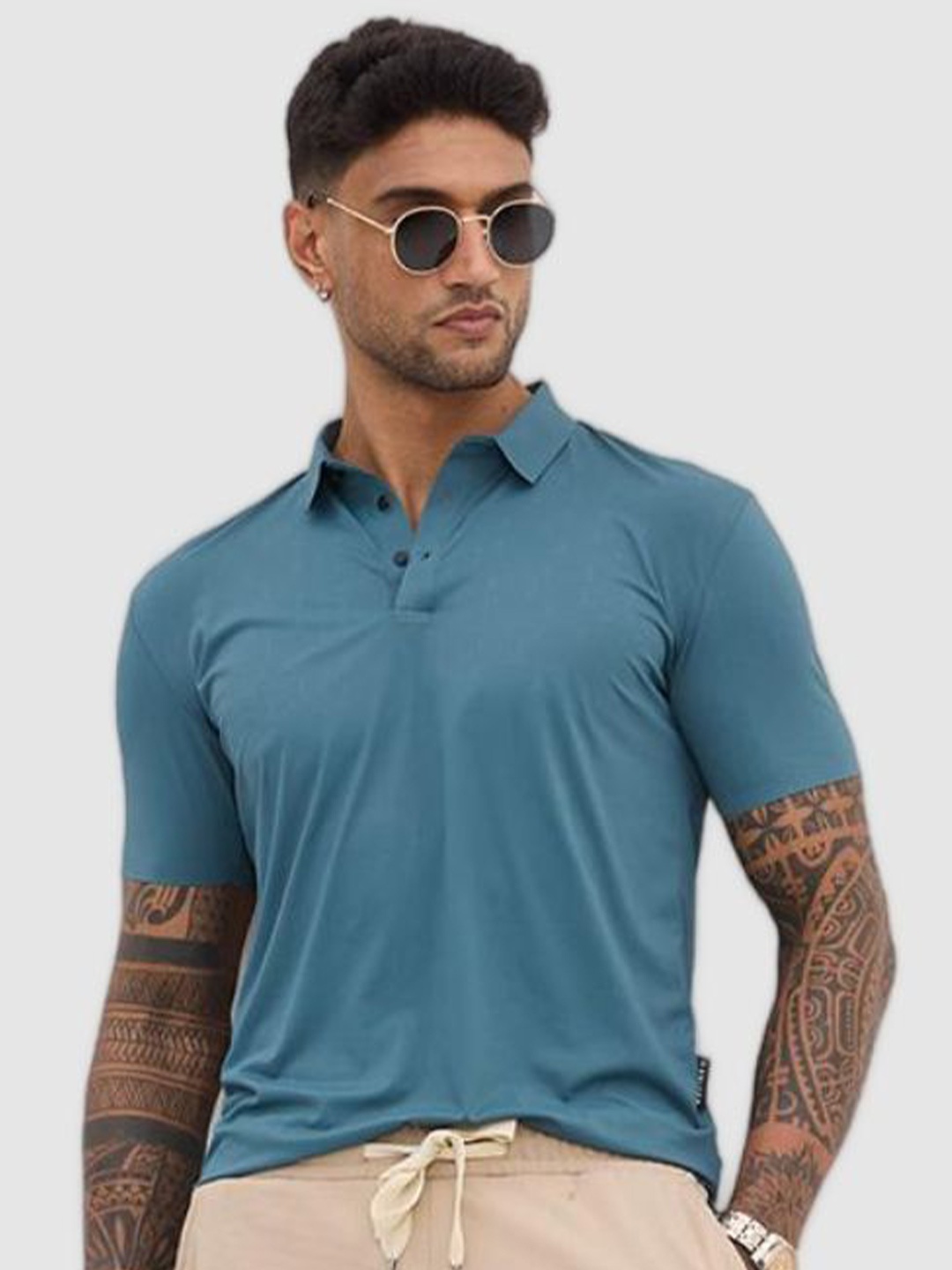 

Snitch Blue Self Design Polo Collar Slim Fit Casual T-shirt