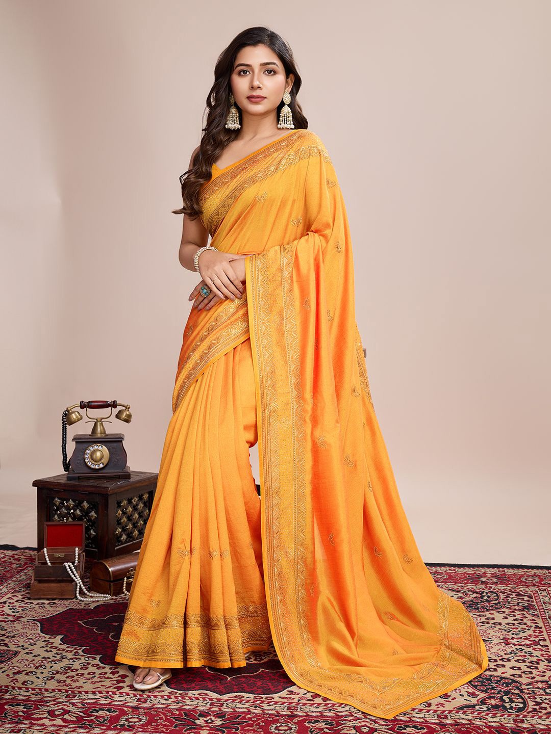 

Mitera Embellished & Embroidered Saree With Unstitched Blouse Piece, Orange