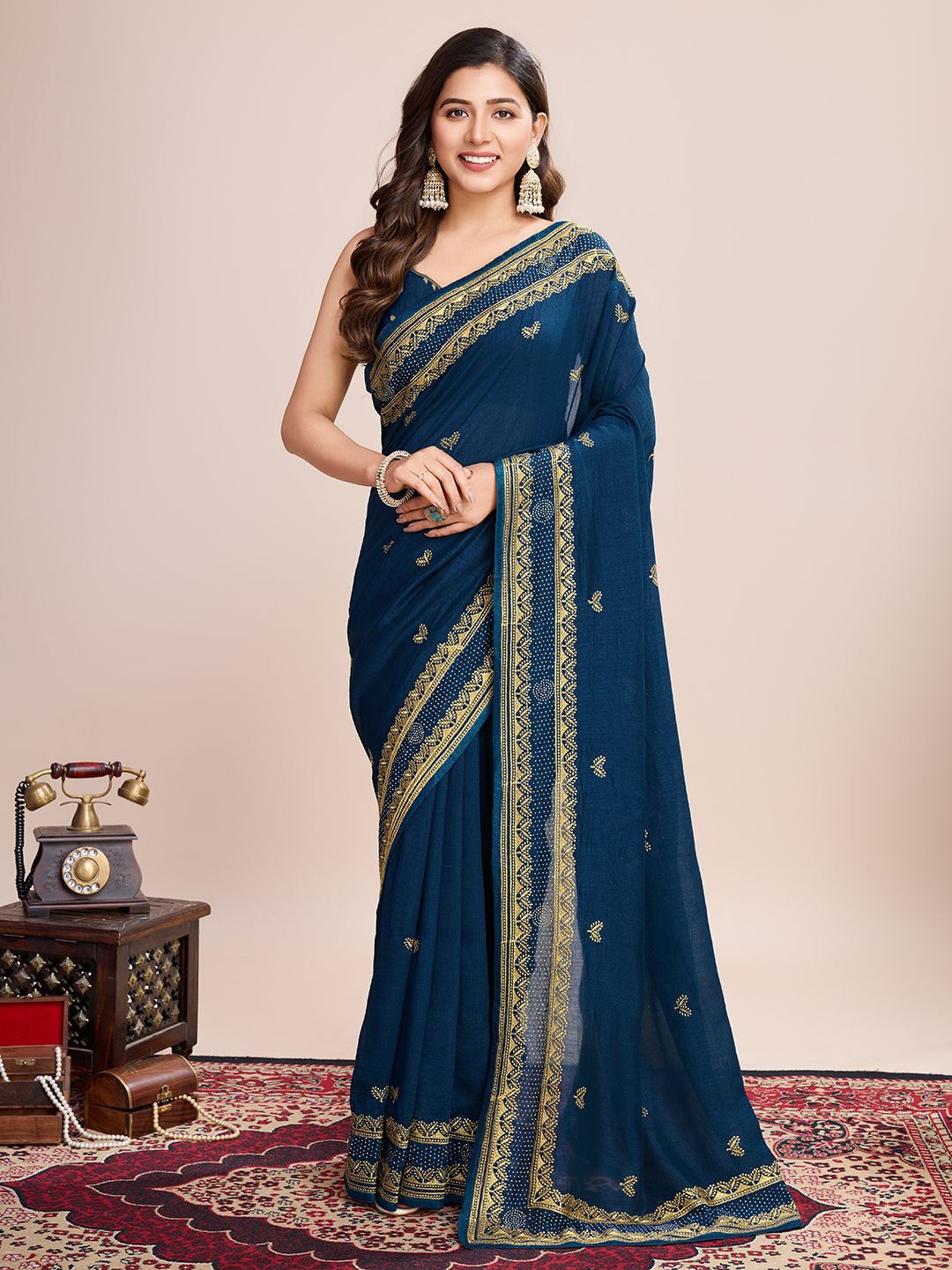 

Mitera Ethnic Motifs Embellished Designer Saree With Unstitched Blouse Piece, Blue
