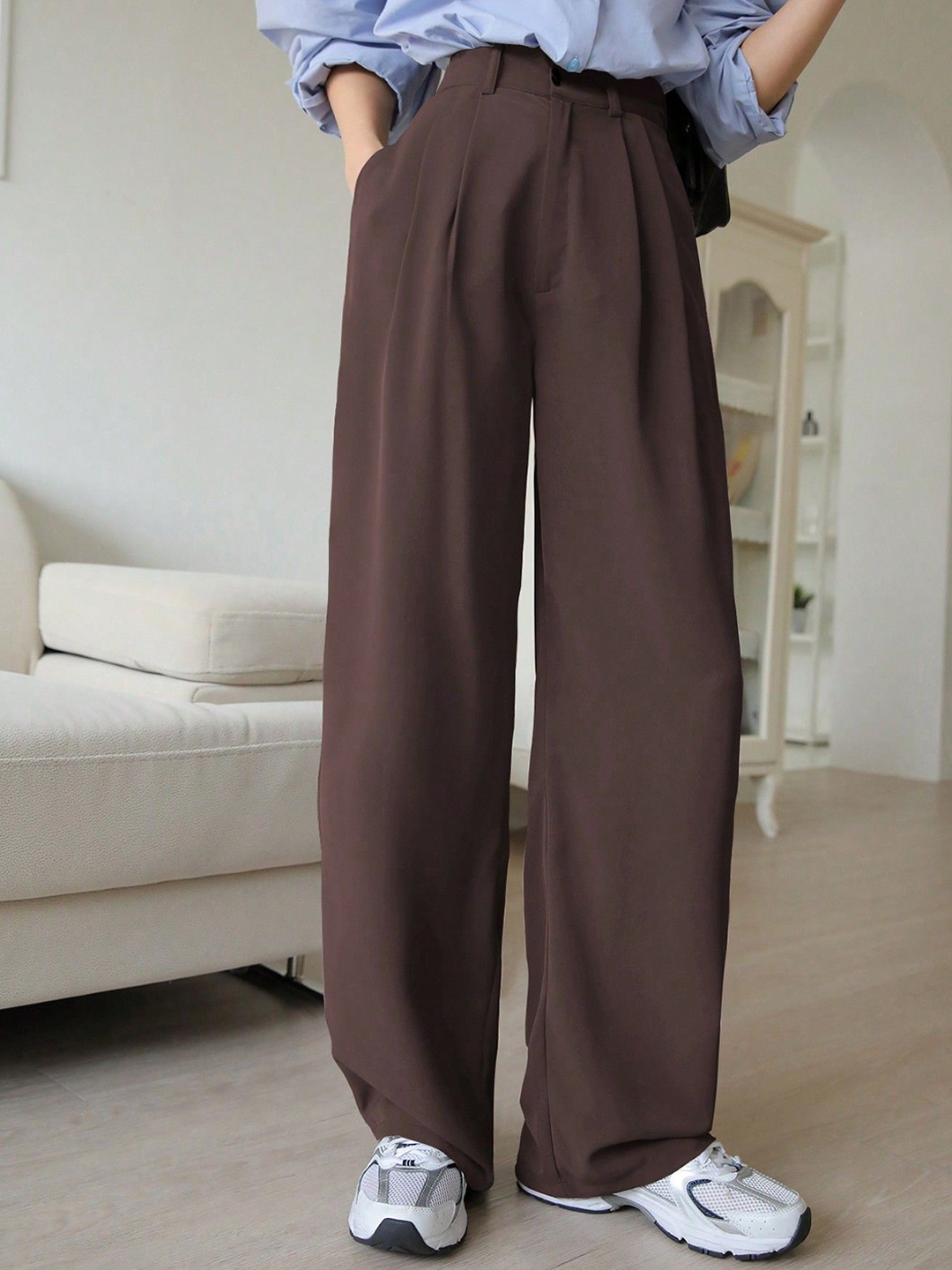 

HIGH BUY Women Relaxed Loose Fit High-Rise Pleated Wide Leg Trouser, Brown