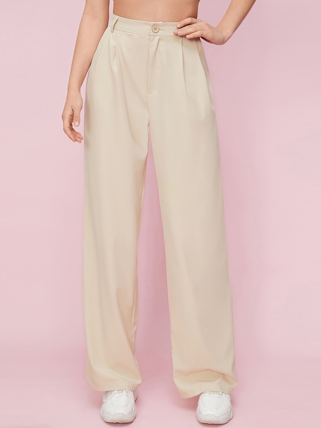 

HIGH BUY Women Relaxed Loose Fit High-Rise Pleated Wide Leg Trouser, Beige