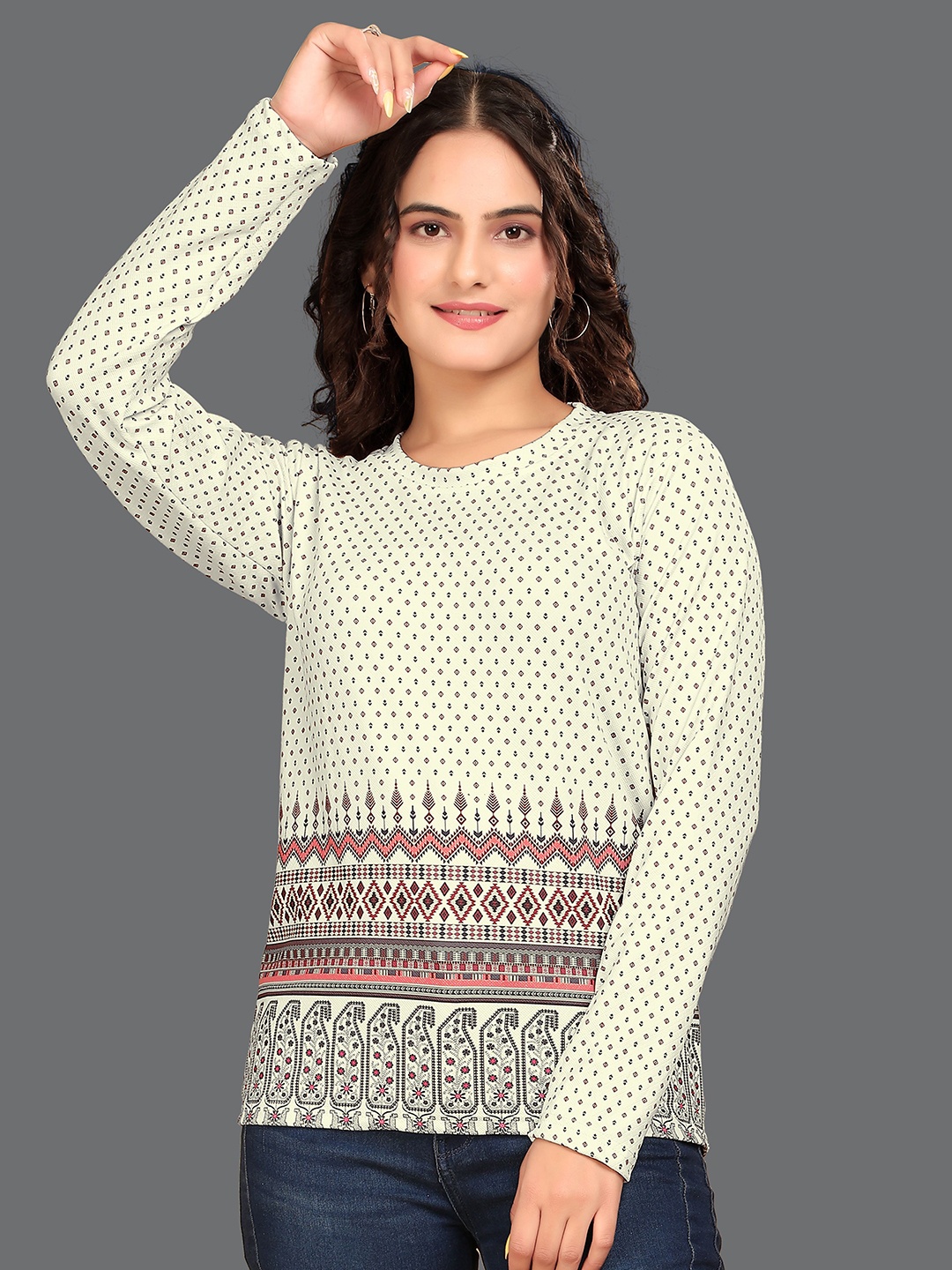 

VGHCFASHION Floral Printed Round Neck Woollen Casual T-shirt, Cream