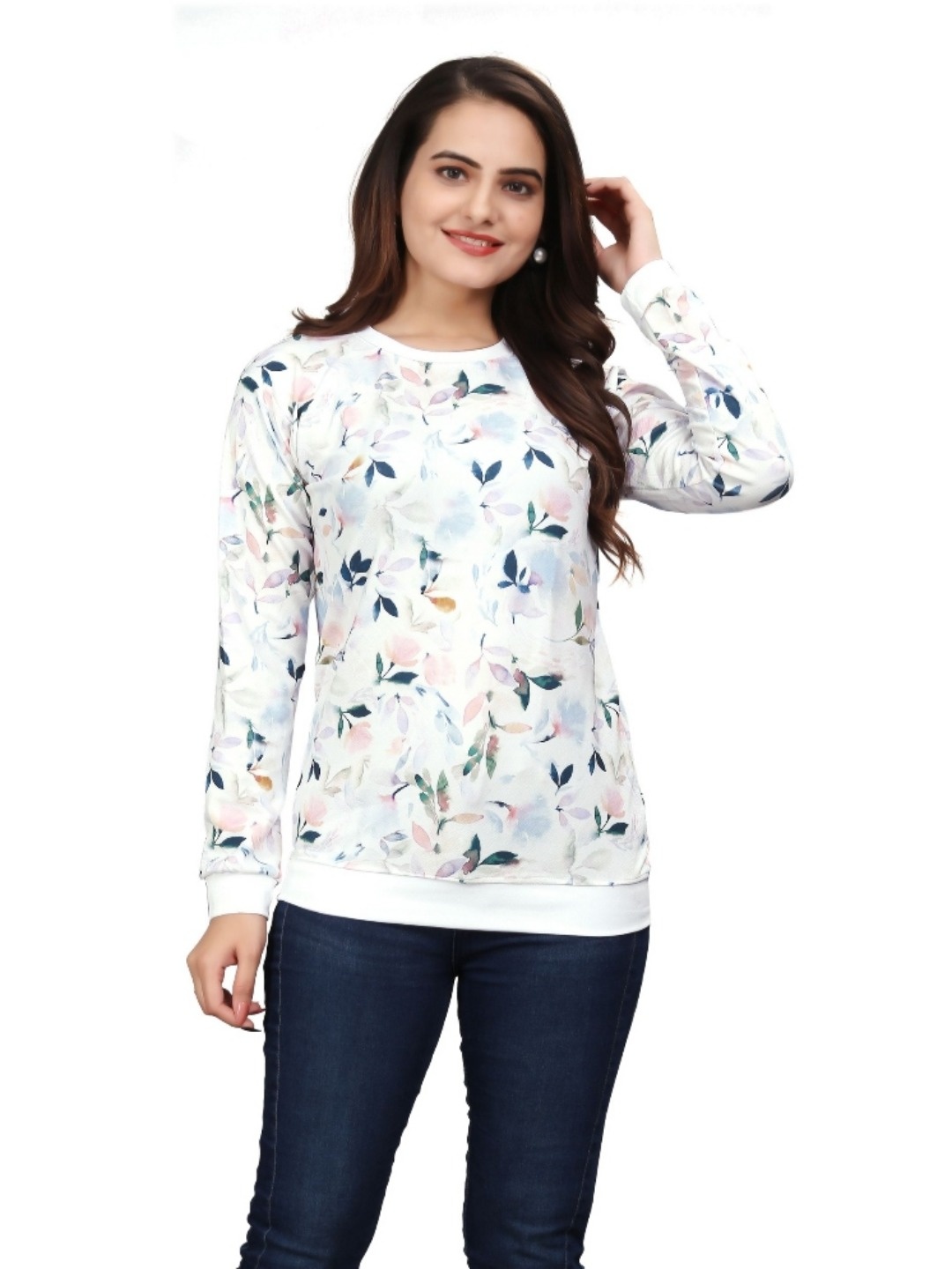 

VGHCFASHION Floral Printed Round Neck Woollen Casual T-shirt, White