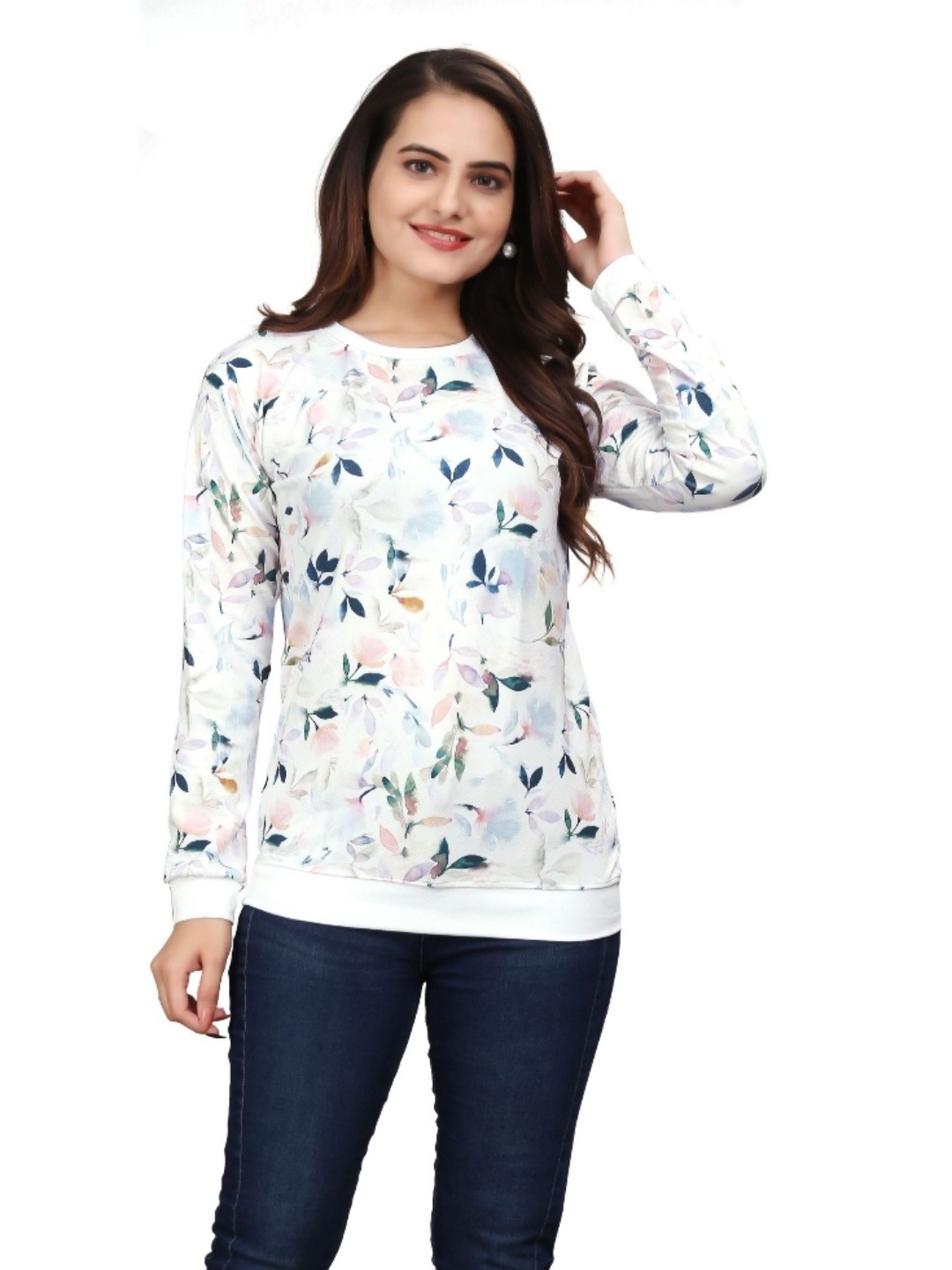 

VGHCFASHION Floral Printed Round Neck Woollen Casual T-shirt, White