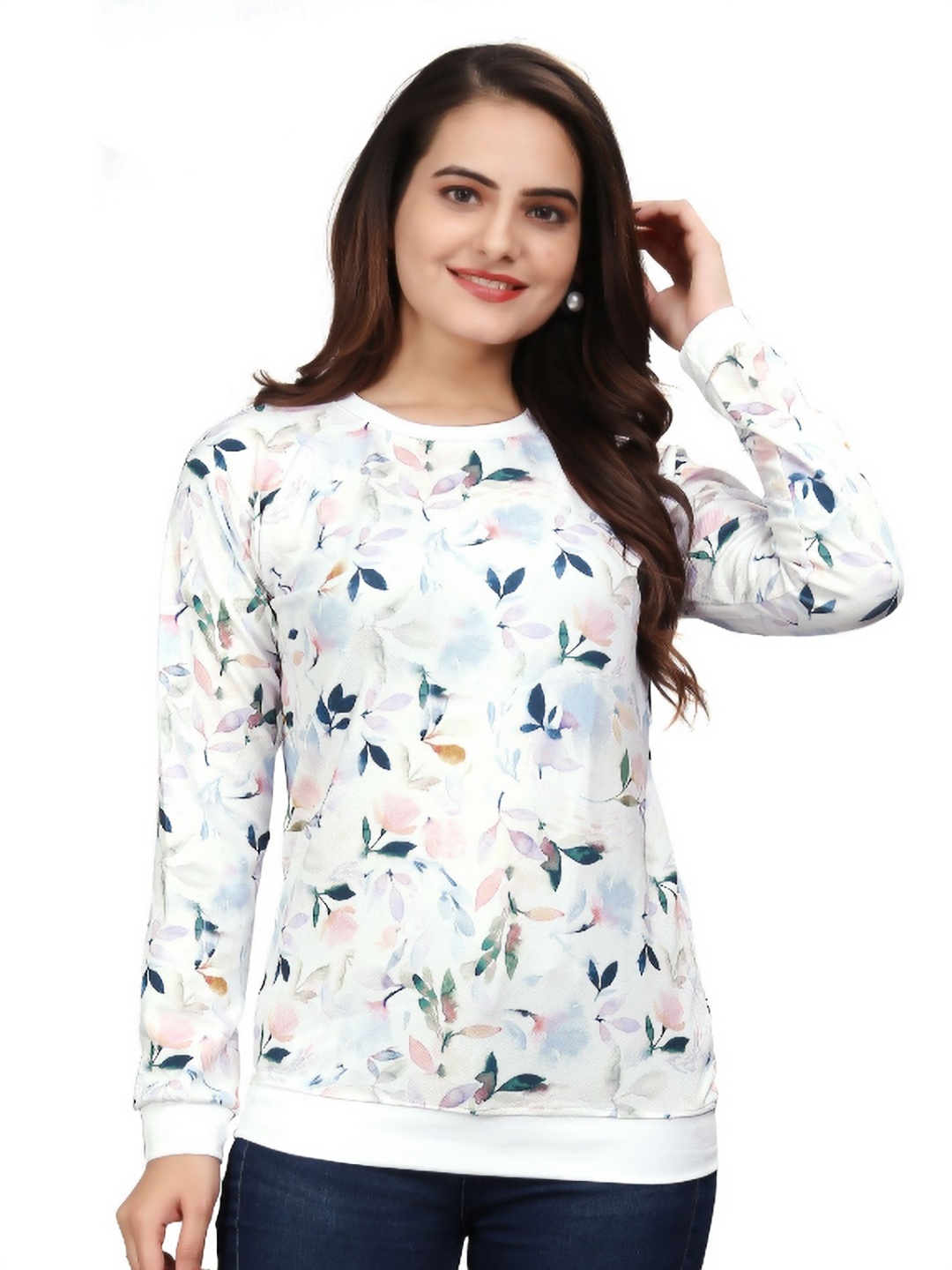 

VGHCFASHION Floral Printed Round Neck Woollen Casual T-shirt, White