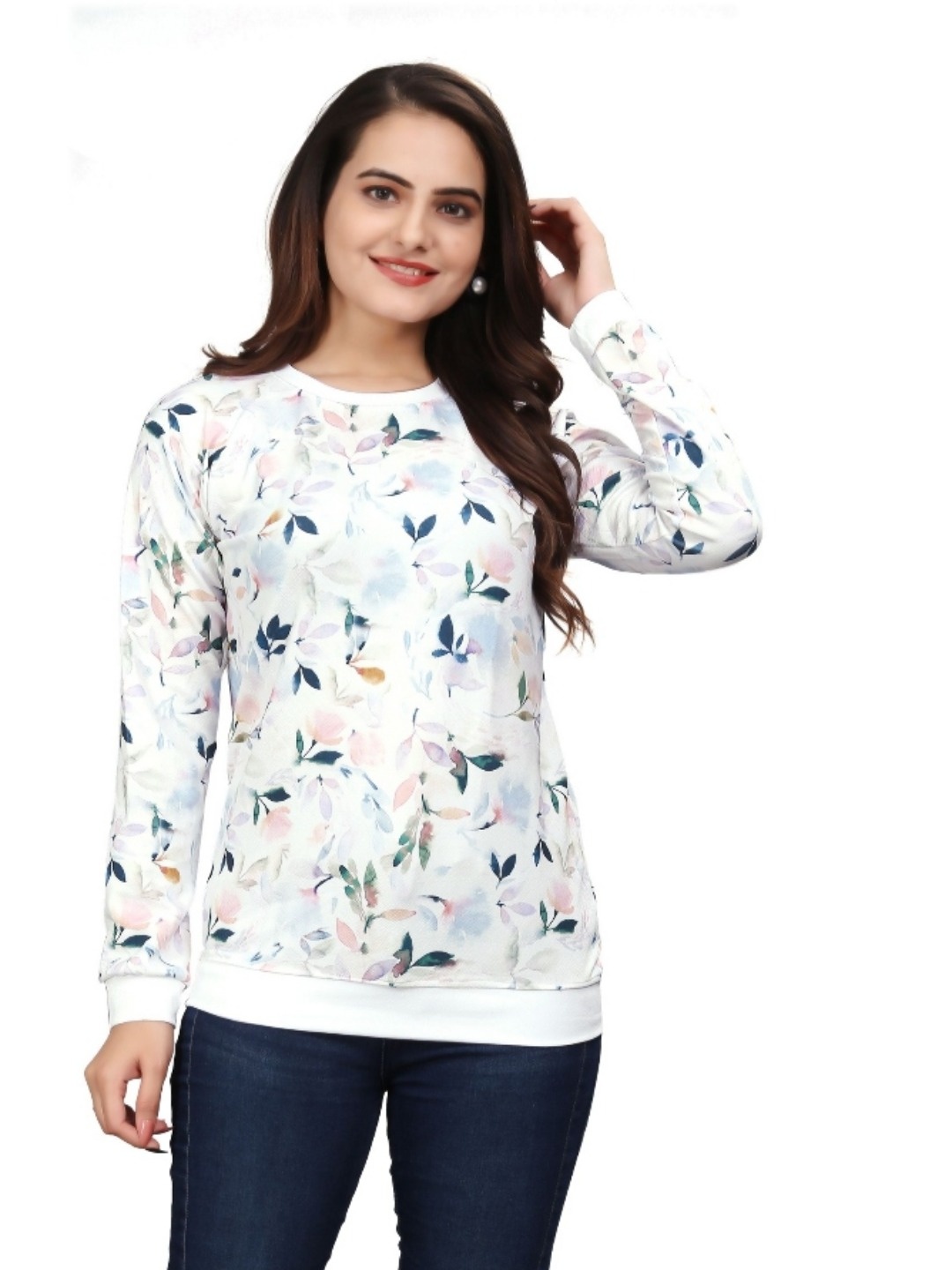 

VGHCFASHION Floral Printed Round Neck Woollen Casual T-shirt, White
