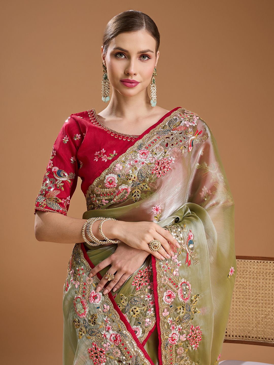 

House of Pataudi Embellished Embroidered Tissue Border Saree with Unstiched Blouse, Lime green