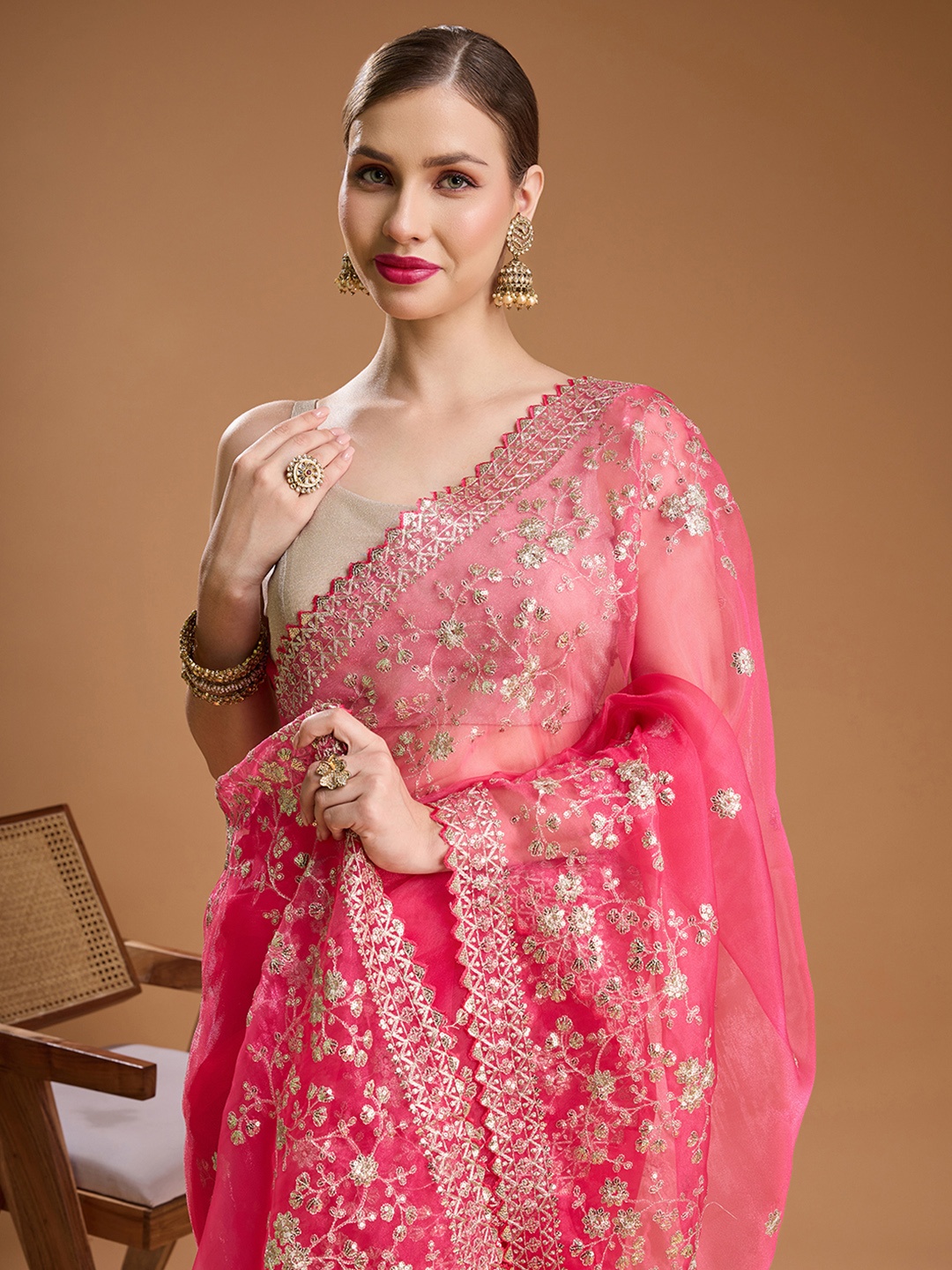 

House of Pataudi Embellished Embroidered Organza Border Saree with Unstiched Blouse, Pink