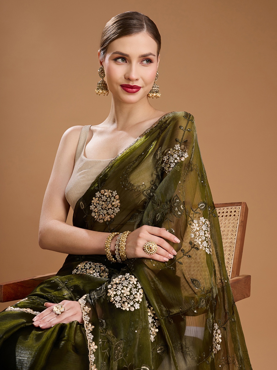 

House of Pataudi Embellished Zari Art Silk Border Saree with Unstiched Blouse, Green