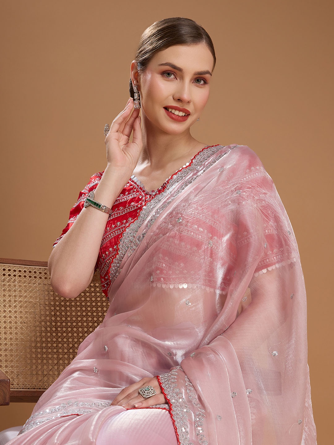 

House of Pataudi Embellished Embroidered Tissue Border Saree with Stitched blouse, Pink