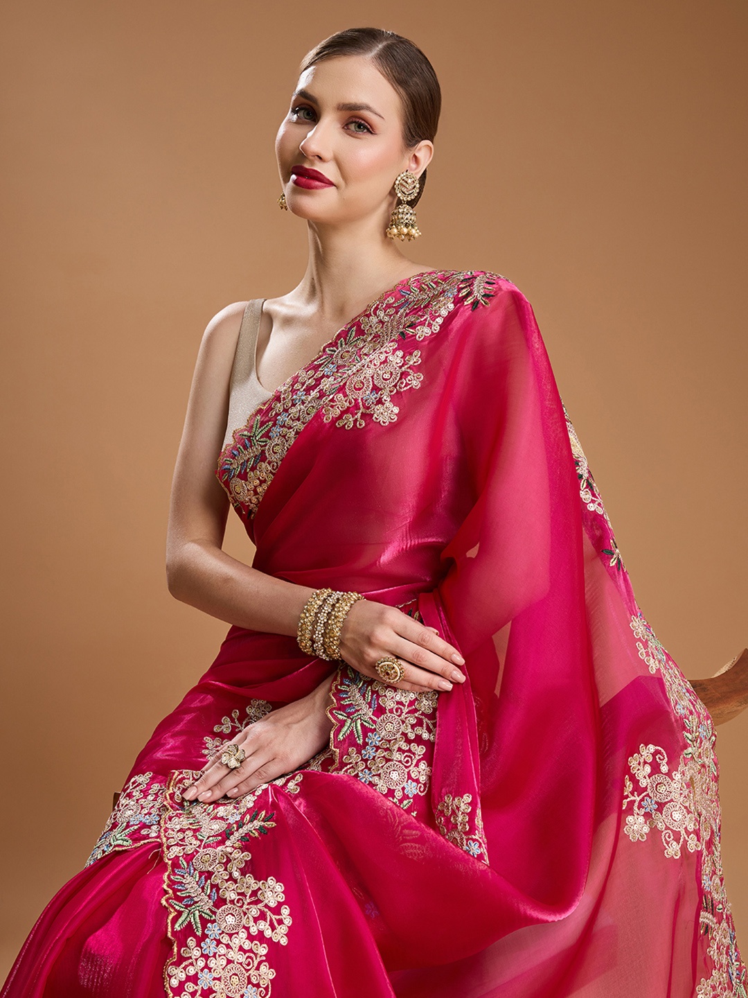 

House of Pataudi Embellished Embroidered Tissue Border Saree with Unstiched Blouse, Pink