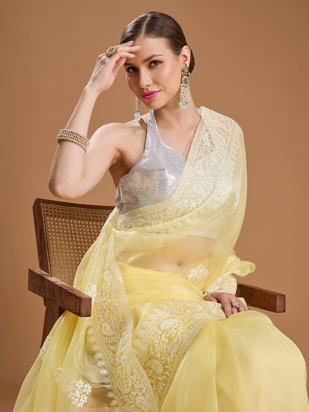 

House of Pataudi Embellished Embroidered Organza Border Saree with Unstiched Blouse, Yellow