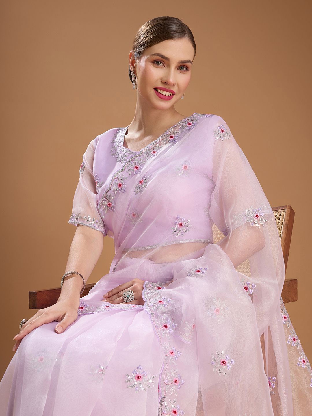 

House of Pataudi Embellished Embroidered Art Silk Border Saree with Stitched blouse, Lavender