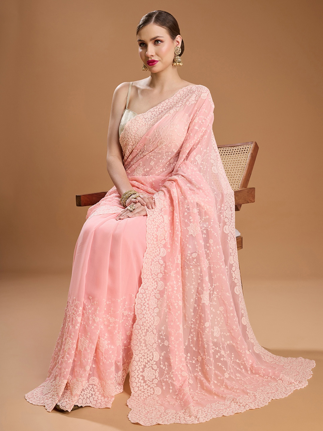 

House of Pataudi Embellished Embroidered Pure Georgette Border Saree with Unstiched Blouse, Pink