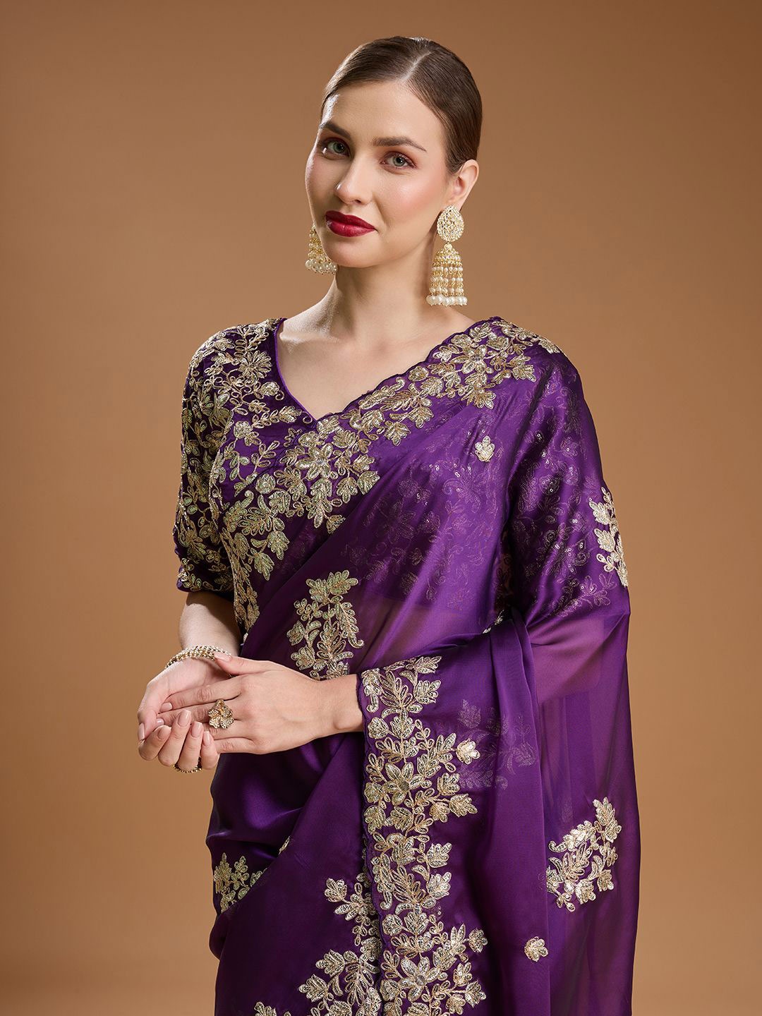 

House of Pataudi Embellished Embroidered Art Silk Border Saree with Stitched blouse, Purple