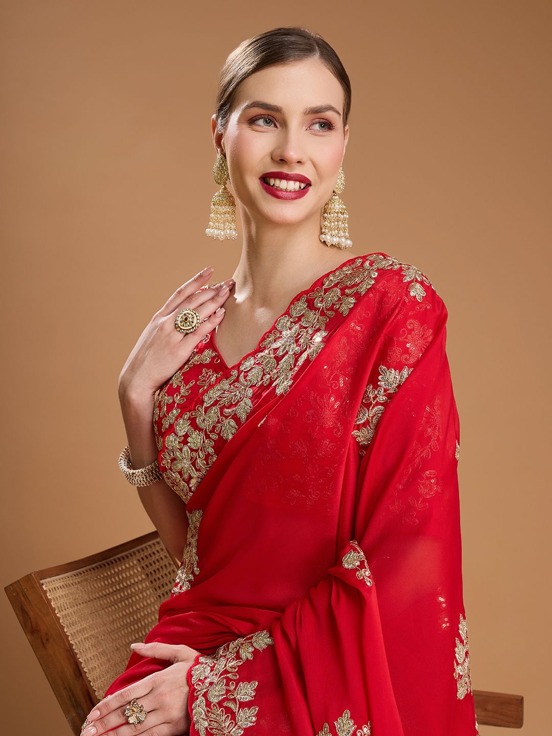 

House of Pataudi Embellished Embroidered Organza Border Saree with Stitched blouse, Red