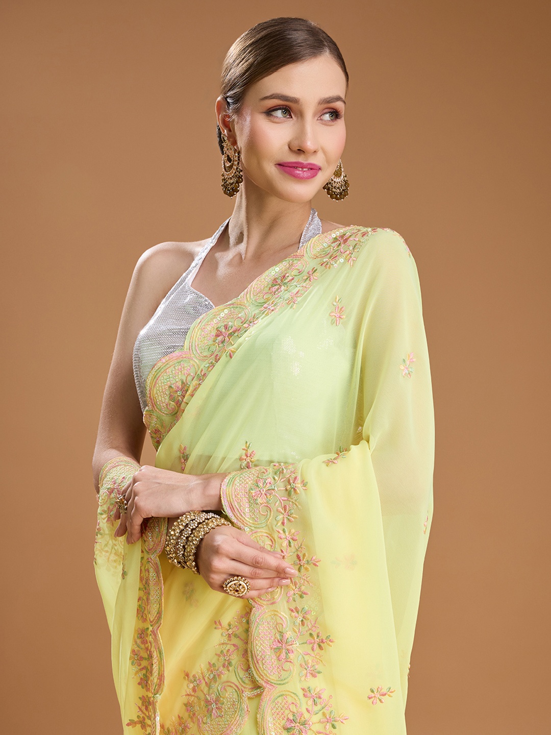 

House of Pataudi Embellished Embroidered Pure Georgette Border Saree with Unstiched Blouse, Yellow