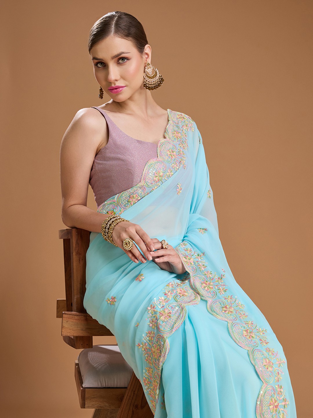 

House of Pataudi Embellished Embroidered Pure Georgette Border Saree with Unstiched Blouse, Blue