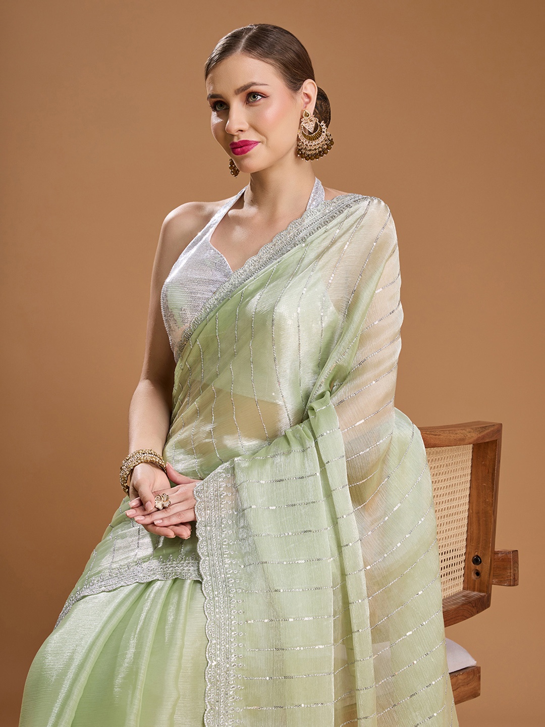 

House of Pataudi Embellished Sequinned Tissue Border Saree with Unstiched Blouse, Lime green