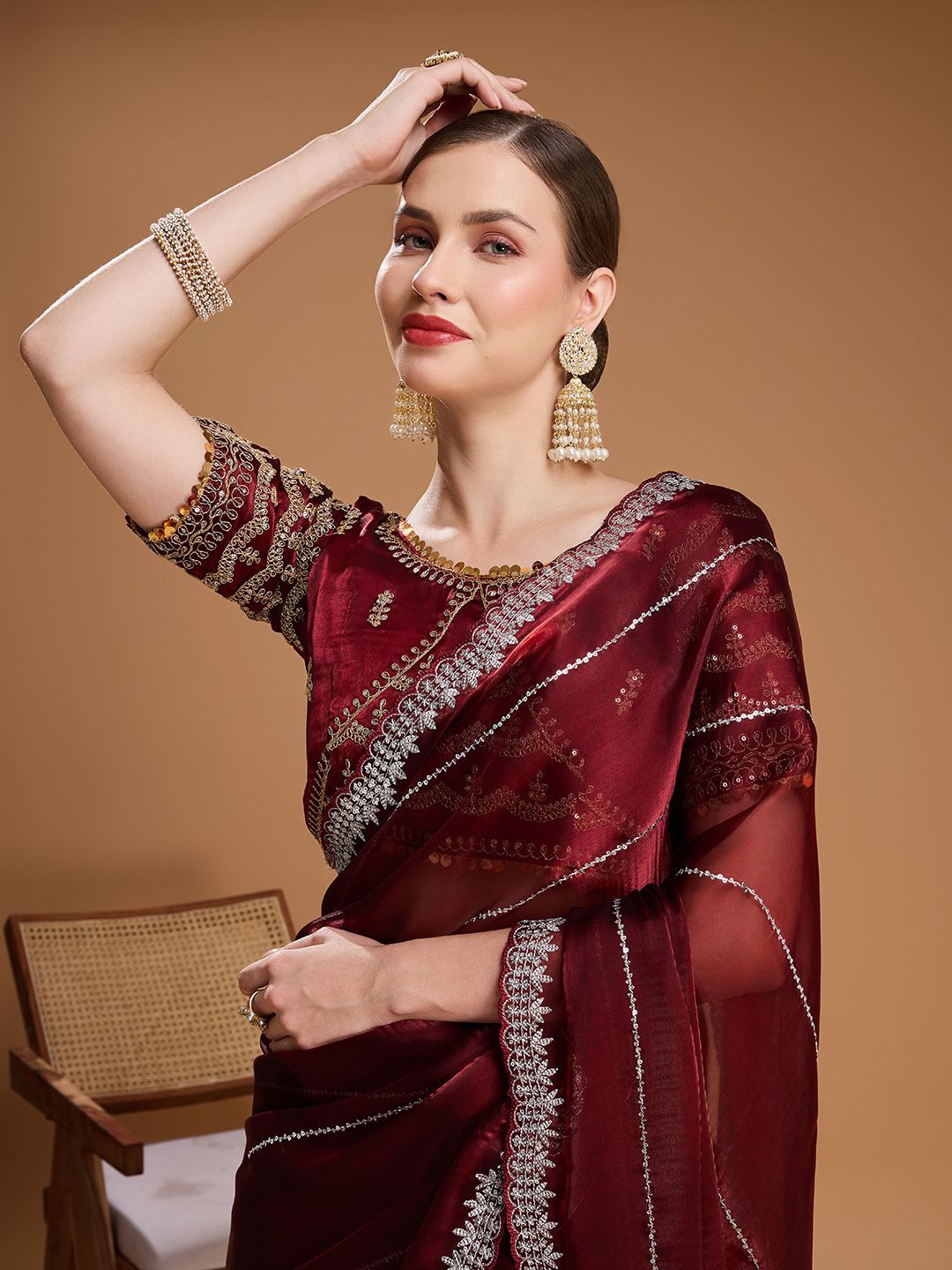 

House of Pataudi Embellished Embroidered Satin Border Saree with Stitched blouse, Maroon