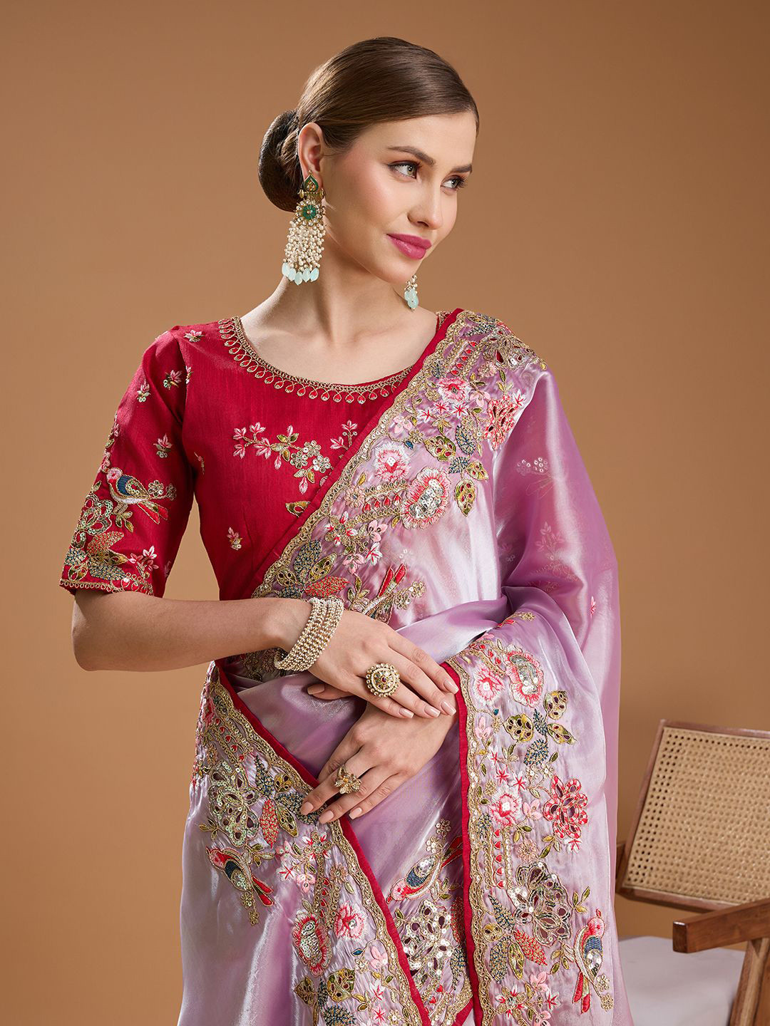 

House of Pataudi Embellished Embroidered Tissue Border Saree with Unstiched Blouse, Purple