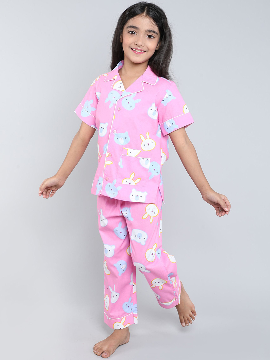 

BAESD Girls Conversational Printed Lapel Collar Pure Cotton Casual Night suit, Pink