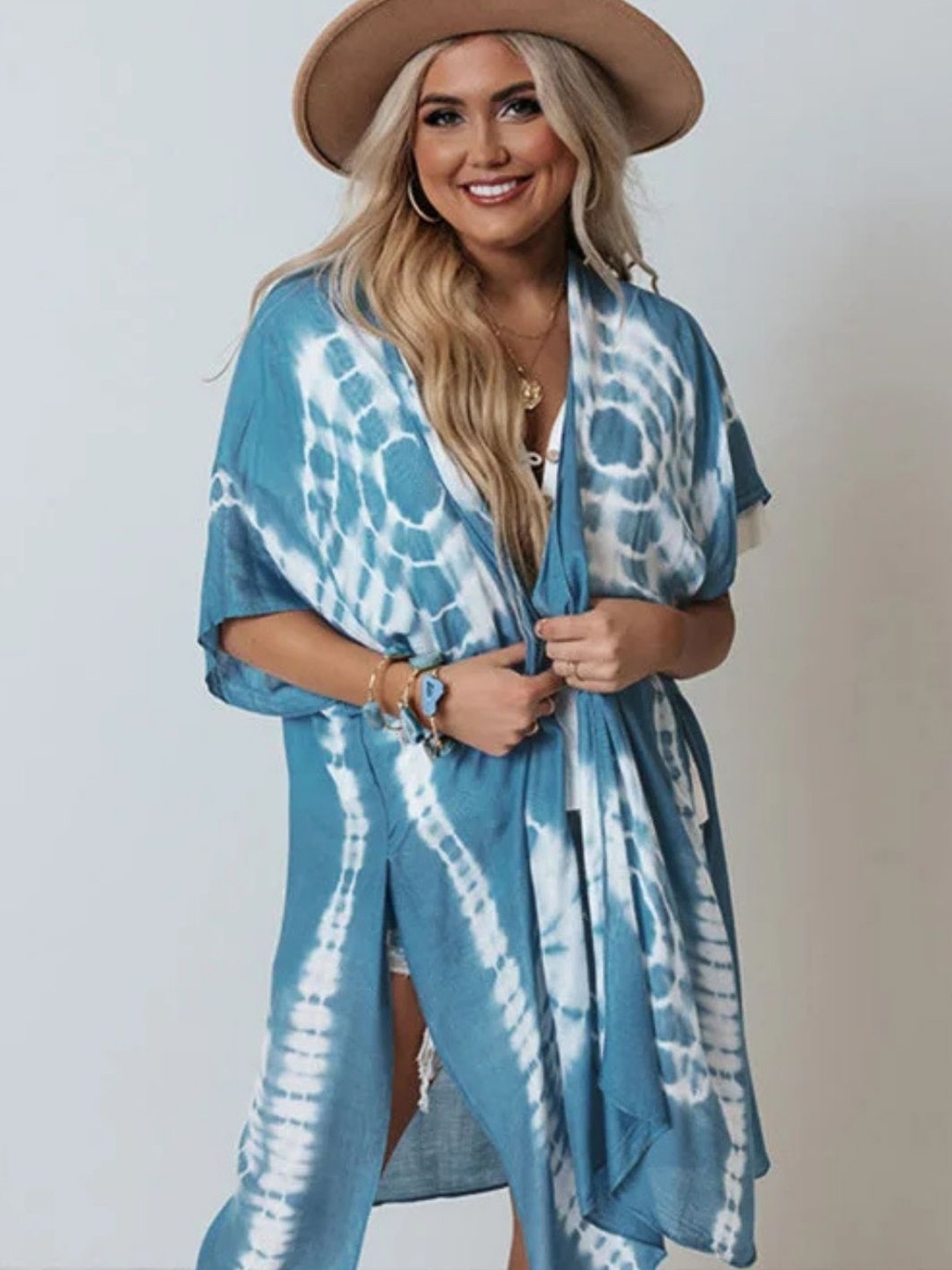 

ANGEL CROSHET Tie & Dyed Kimono Swimwear Cover up Top, Blue