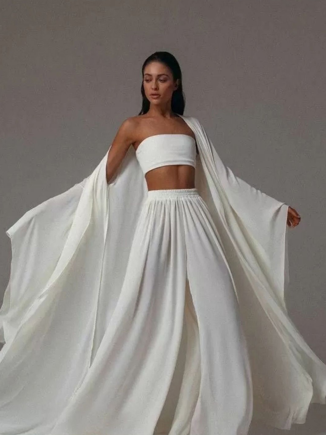

ANGEL CROSHET Full Coverage Wide Leg Palazzo Pants and Beach Kimono Set, White