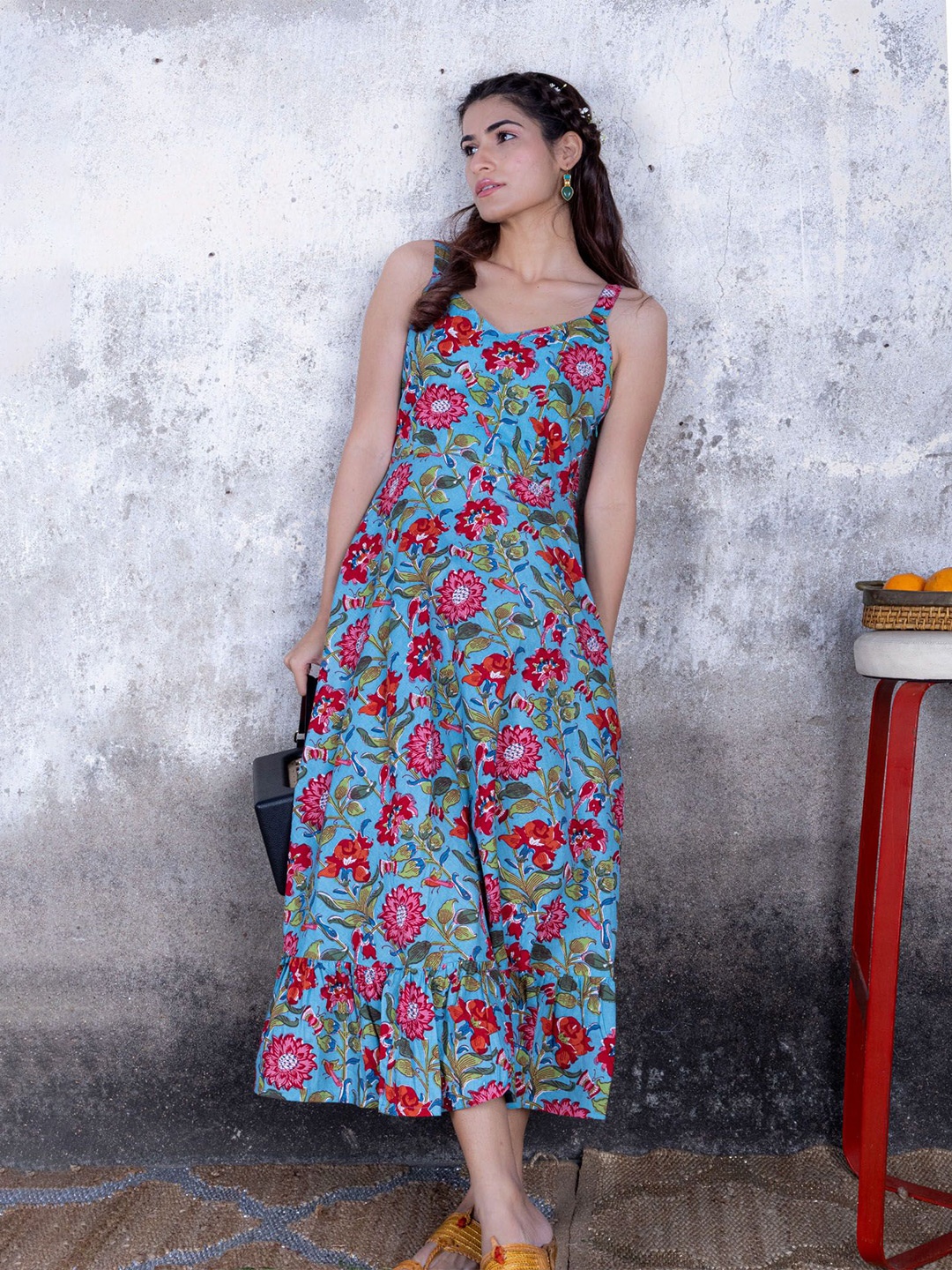 

Maitri Jaipur Floral Printed V-Neck Fit & Flare Cotton Maxi Dress, Blue