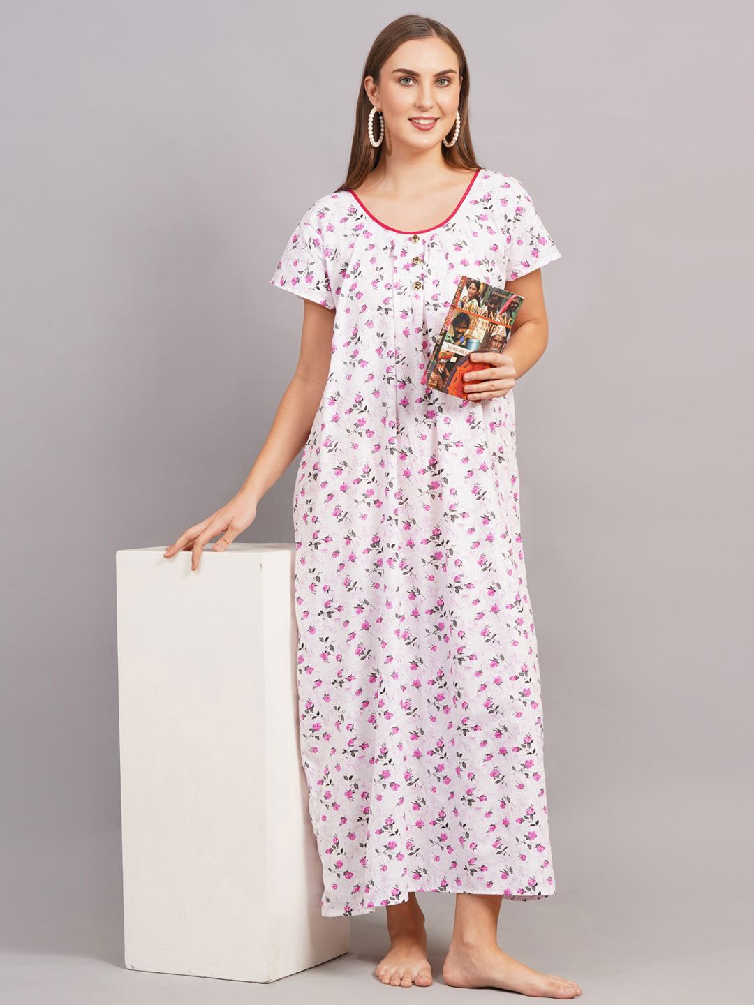 

Breezly Floral Printed Maxi Pure Cotton Everyday Casual Nightdress, Pink