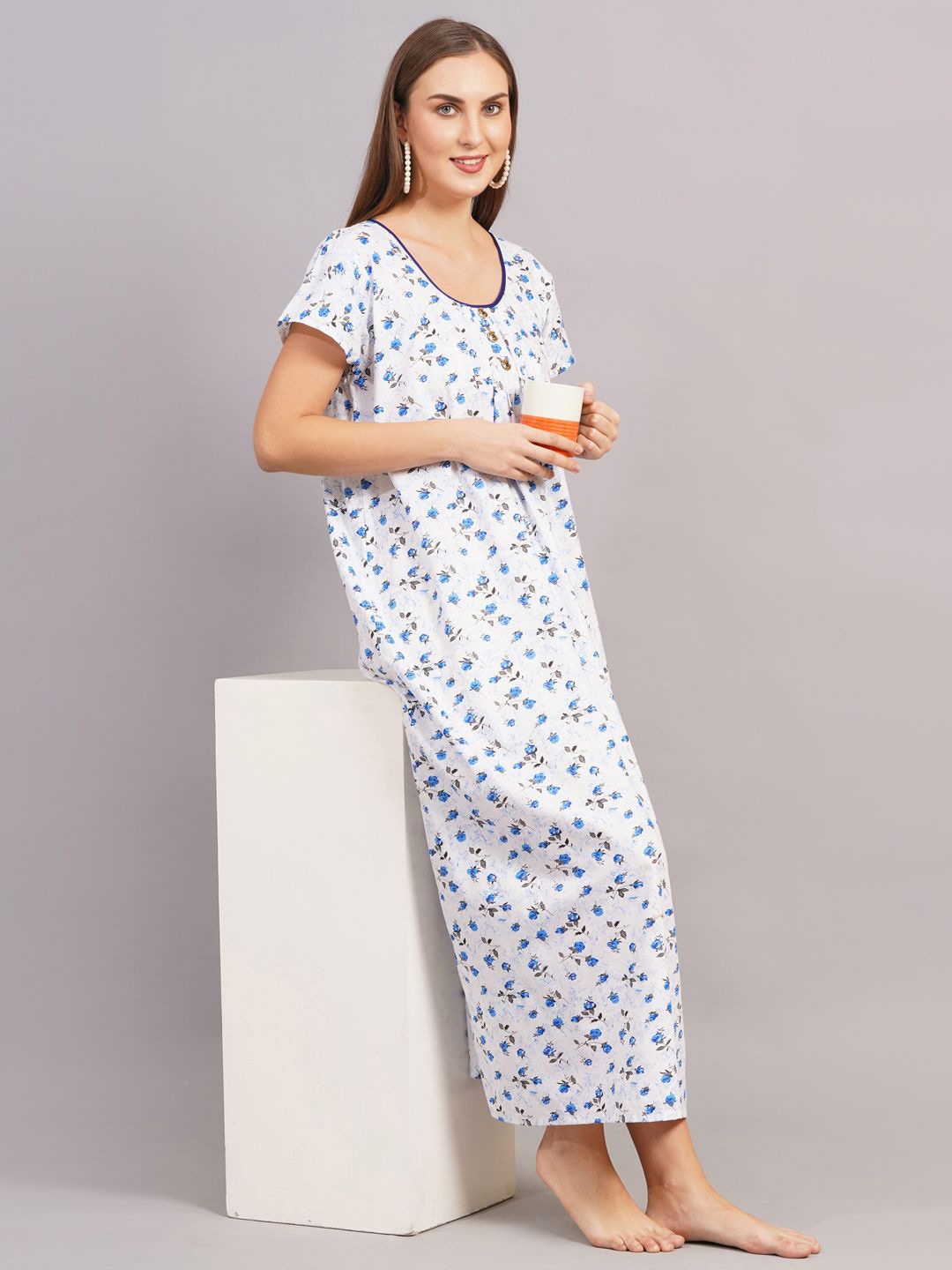 

Breezly Floral Printed Maxi Pure Cotton Everyday Casual Nightdress, Blue