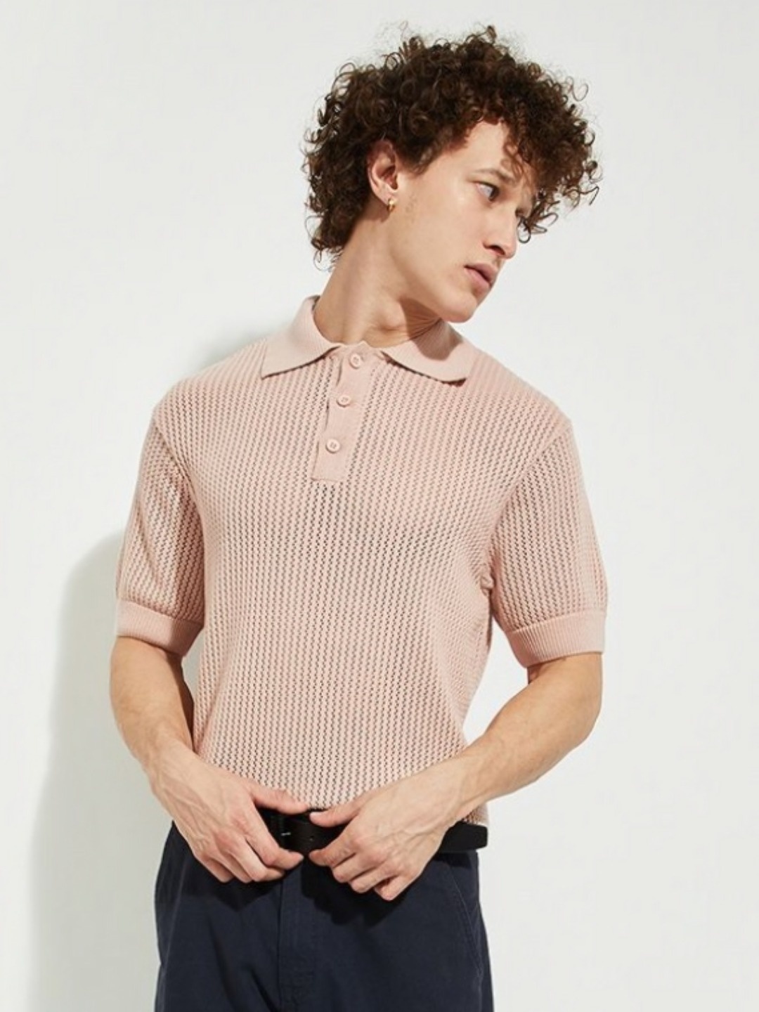 

MAX URB_N Men Open Knit Polo T-shirt, Pink