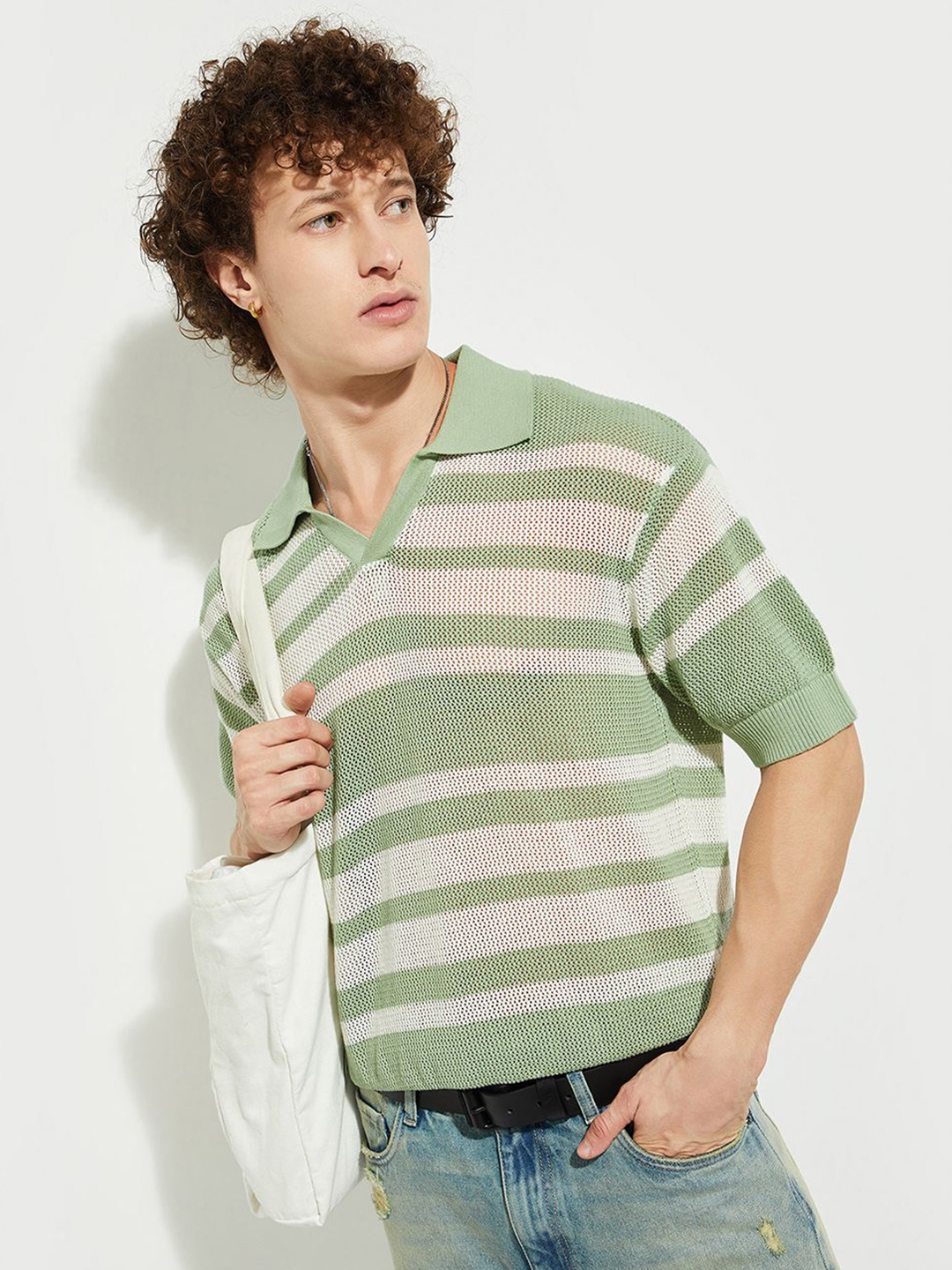 

MAX URB_N Men Oversized Striped Knit Polo T-shirt, Green