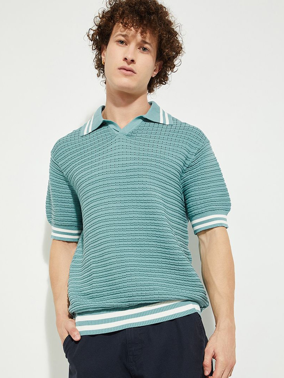 

MAX URB_N Men Oversized Knit Polo T-shirt, Blue