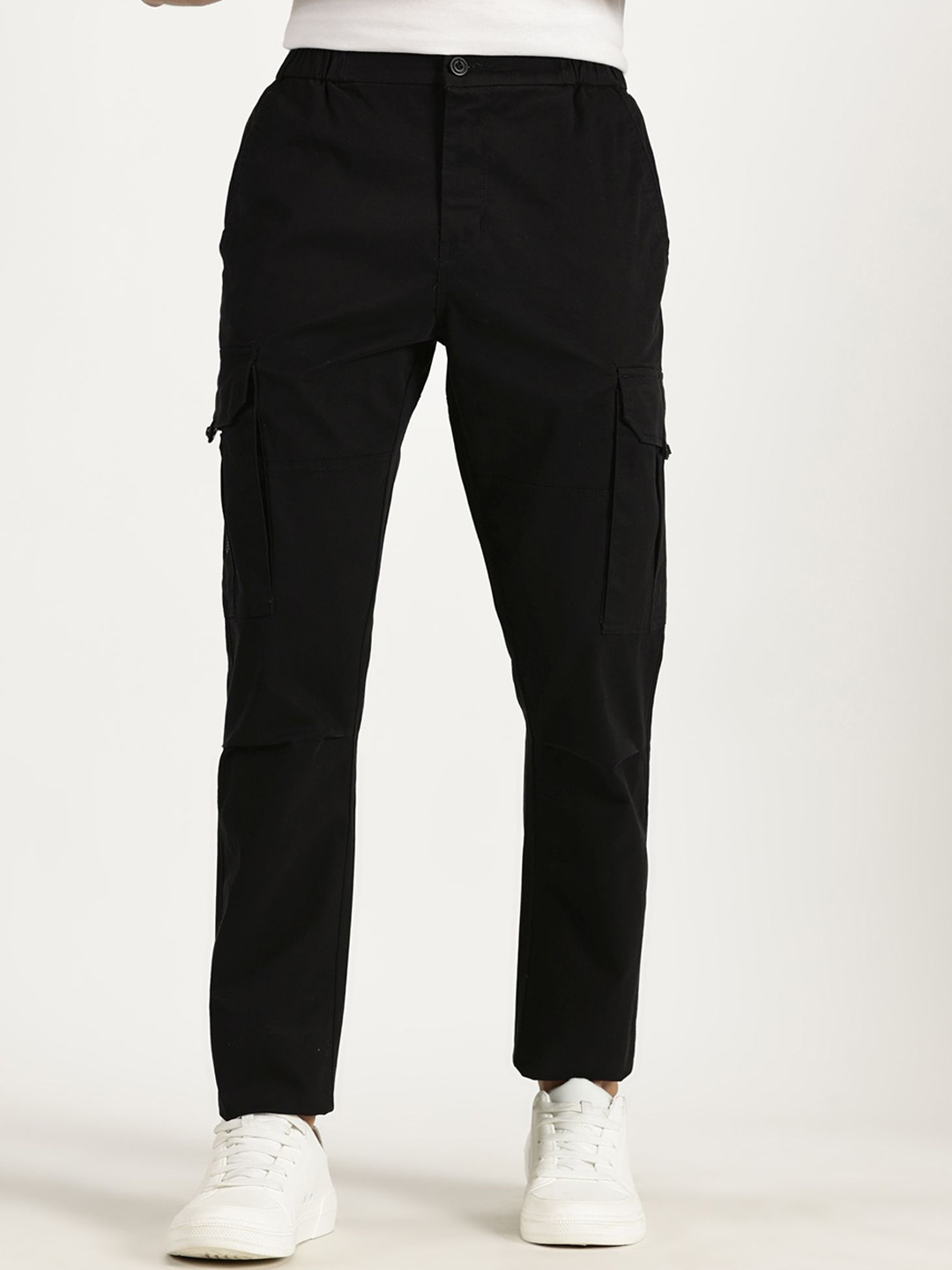

RAVINIK Men Smart High-Rise Regular Fit Pure Cotton Cargo Trousers, Black