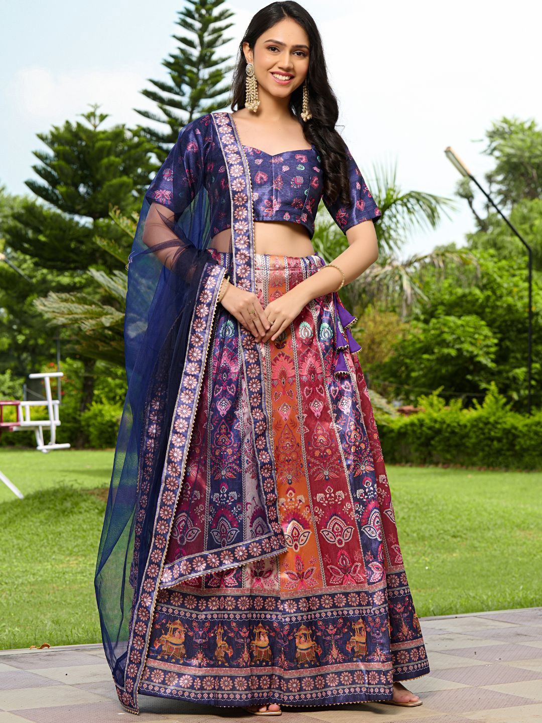 

PRETTY PALLU Printed Ready to Wear Organza Lehenga & Blouse With Dupatta, Purple