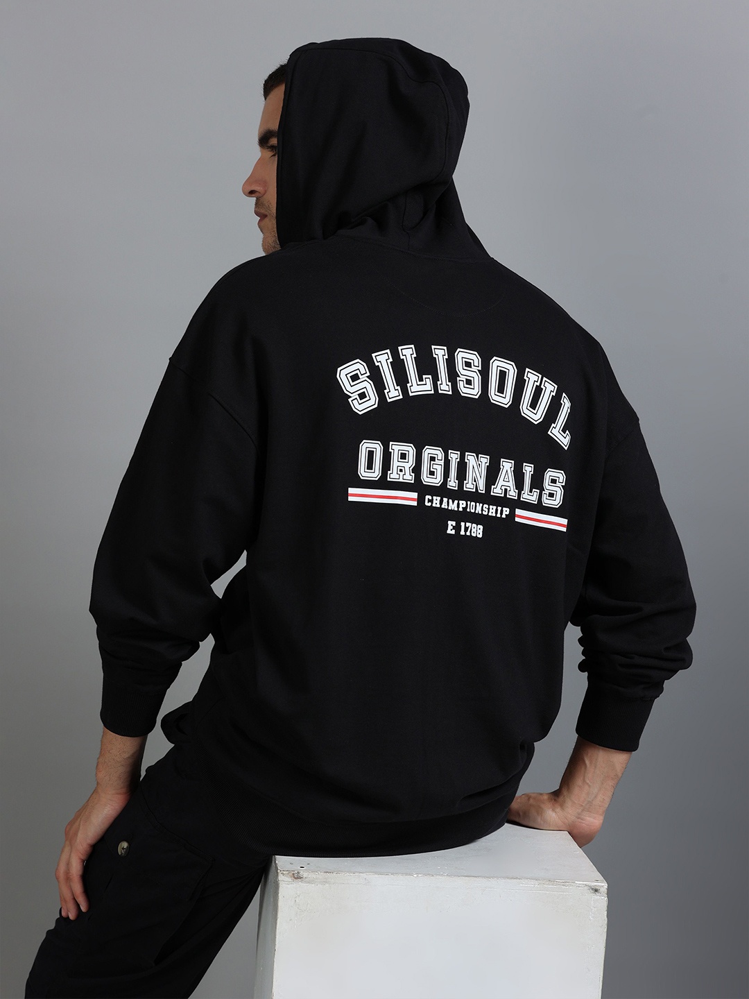 

SILISOUL Typography Printed Hooded Oversized Cotton Casual Sweatshirt, Black